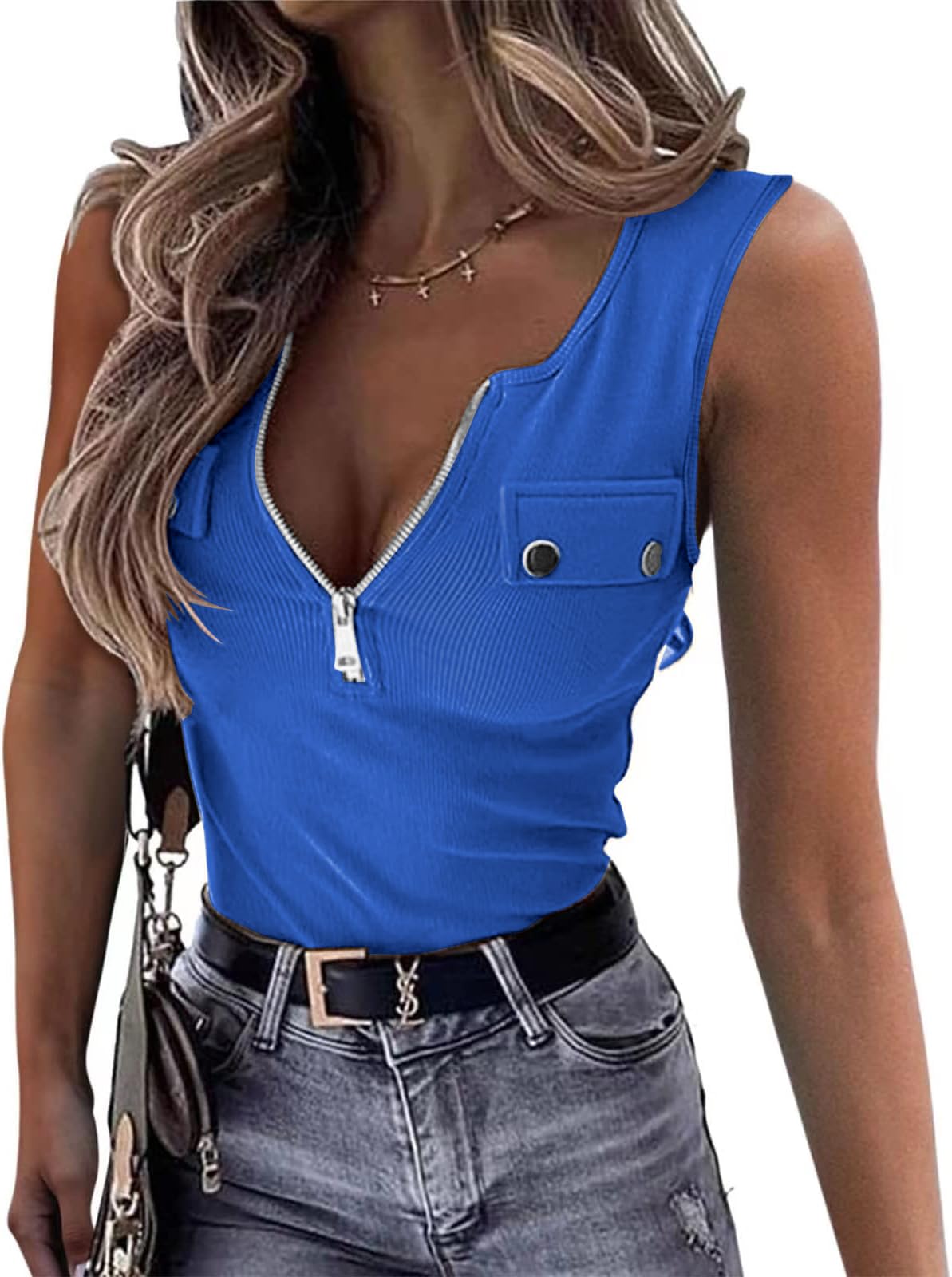 ELFIN Damen Ärmellos Tank Top Gerippt Sommer Sexy Oberteile Reißverschluss Stretch Weste Slim Fit Basic Shirt Ribbed Tops