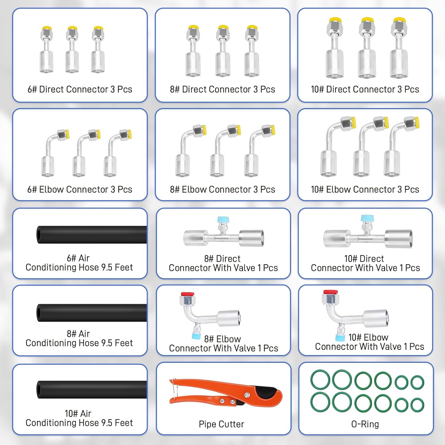 27PCS 9.5ft Air Conditioning Hose and Fitting Kit Includes 9.5ft #6#8#10 AC Hoses and #6#8#10 AC Fittings, Complete AC Hose Kit with pipe cutter and O-Ring