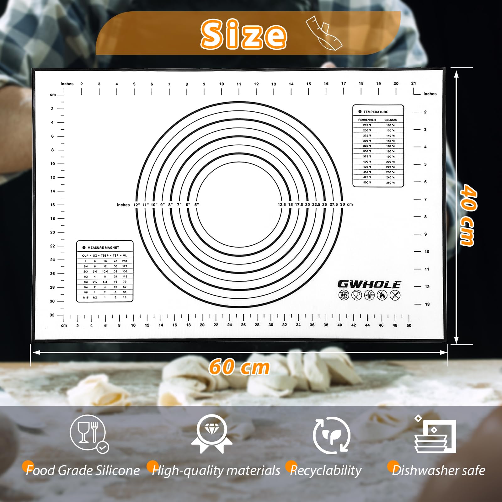 GWHOLE Non Stick Silicone Baking Mat with Measurement 40 x 60cm Large Dough Rolling Kneading Mat Non Slip Pastry Mat - Image 2