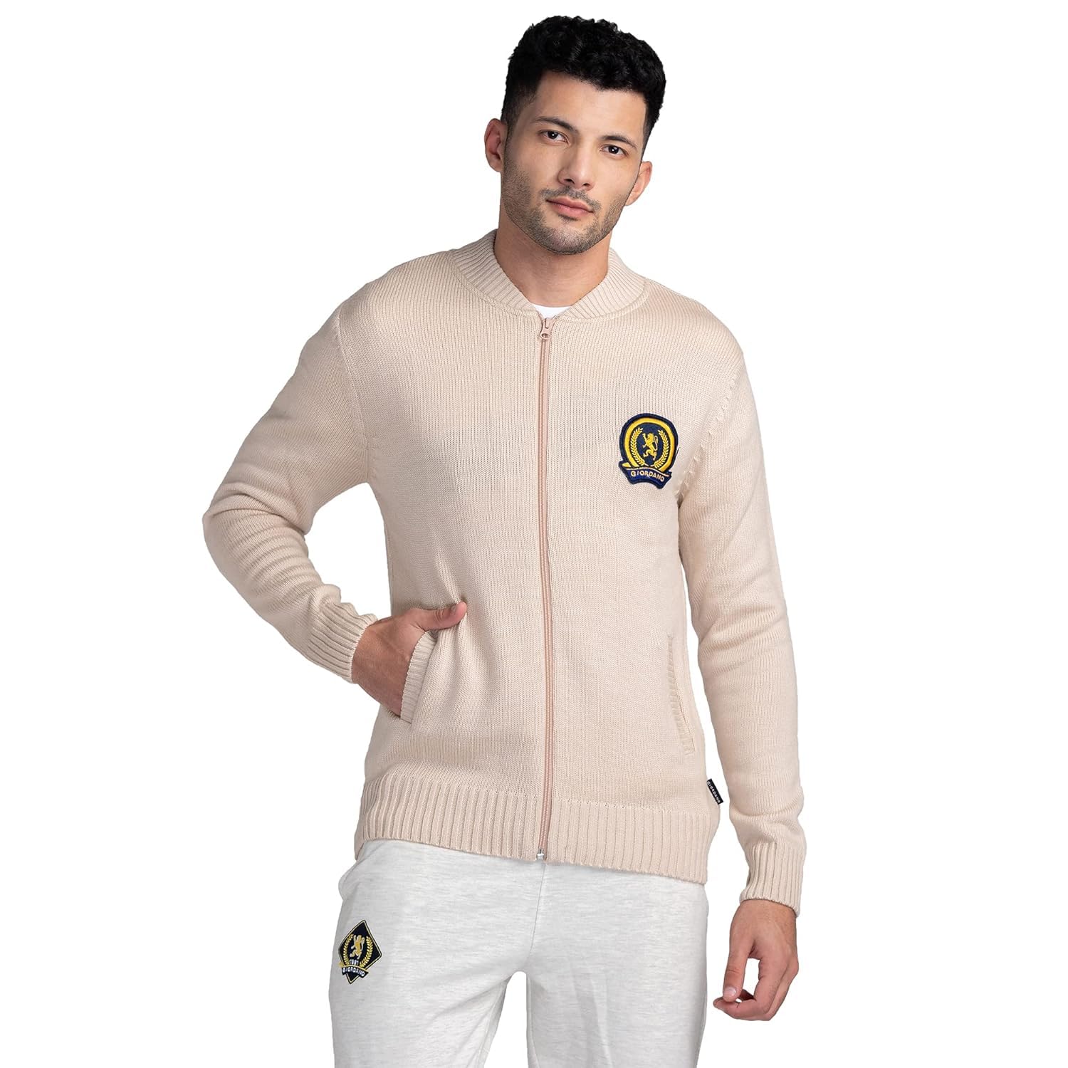 Men's Solid Chest Brand Logo Band Collar Long Sleeves Zip Closure Acrylic Cardigan Sweater
