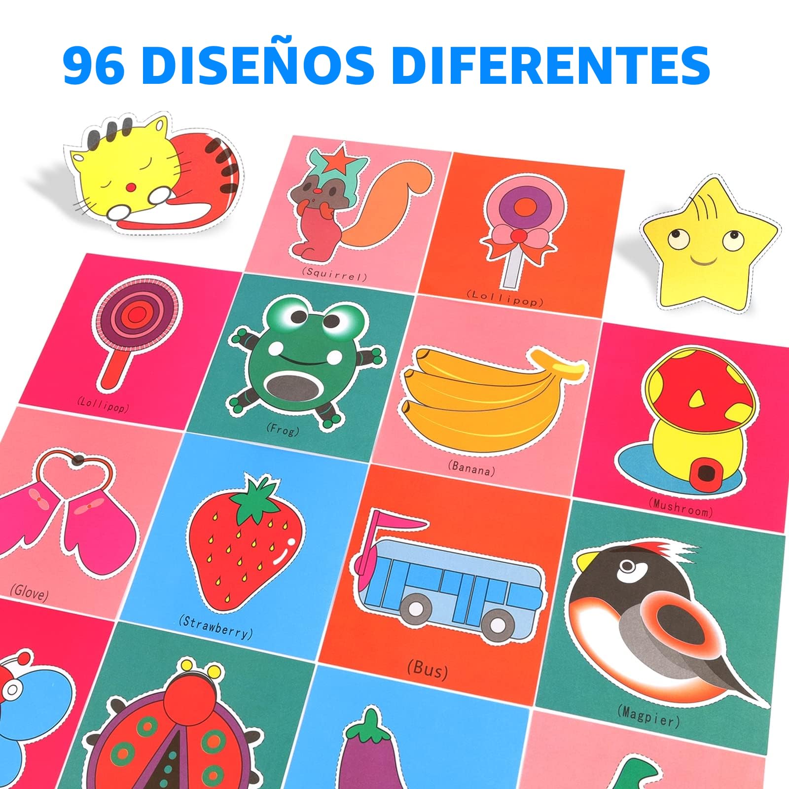 Juego de corte de papel para niños, 2 unidades de tijeras de plástico de seguridad para niños, con 96 hojas de papel con frutas de animales, tijeras para manualidades, tijeras de papel, habilidades