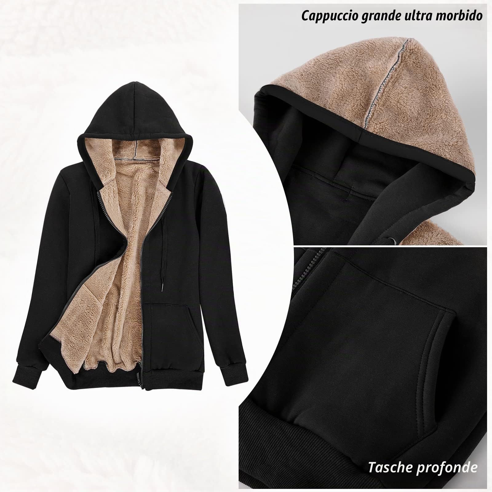 Voqeen Felpe Donna con Cappuccio Caldo Felpa in Peluche Cerniera Coulisse con Tasca Cappuccio Cordoncino Manica Lunga Sweatshirt Hoodies Cappotto Giacca Autunno Inverno