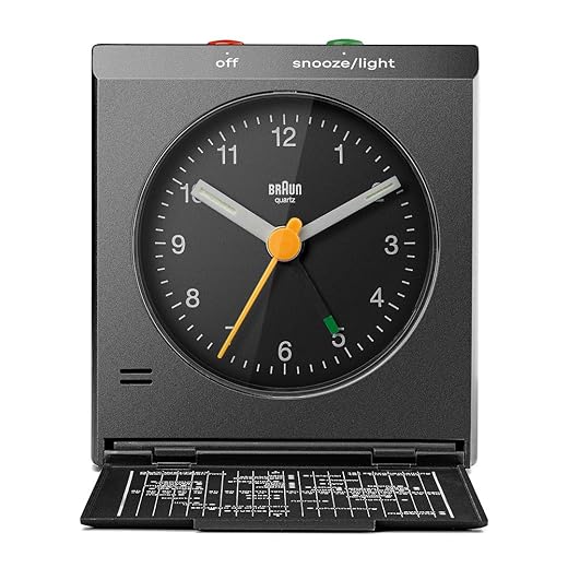 Braun Classic Analogue Travel Alarm Clock with Snooze and Light with Folding Map Lid, Black, BC05B
