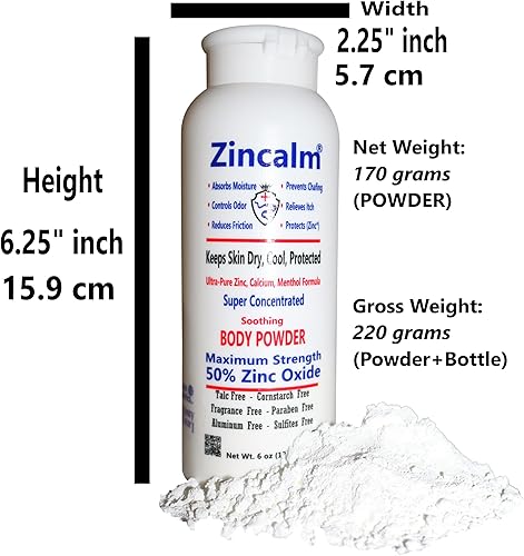 Miniatura 6 de Polvo corporal Zincalm Potente 50% ZINC Sin maicenaTalco Absorbe la Humedad Antirozaduras, Antifricción y Alivio de la Picazón. Mantiene la piel