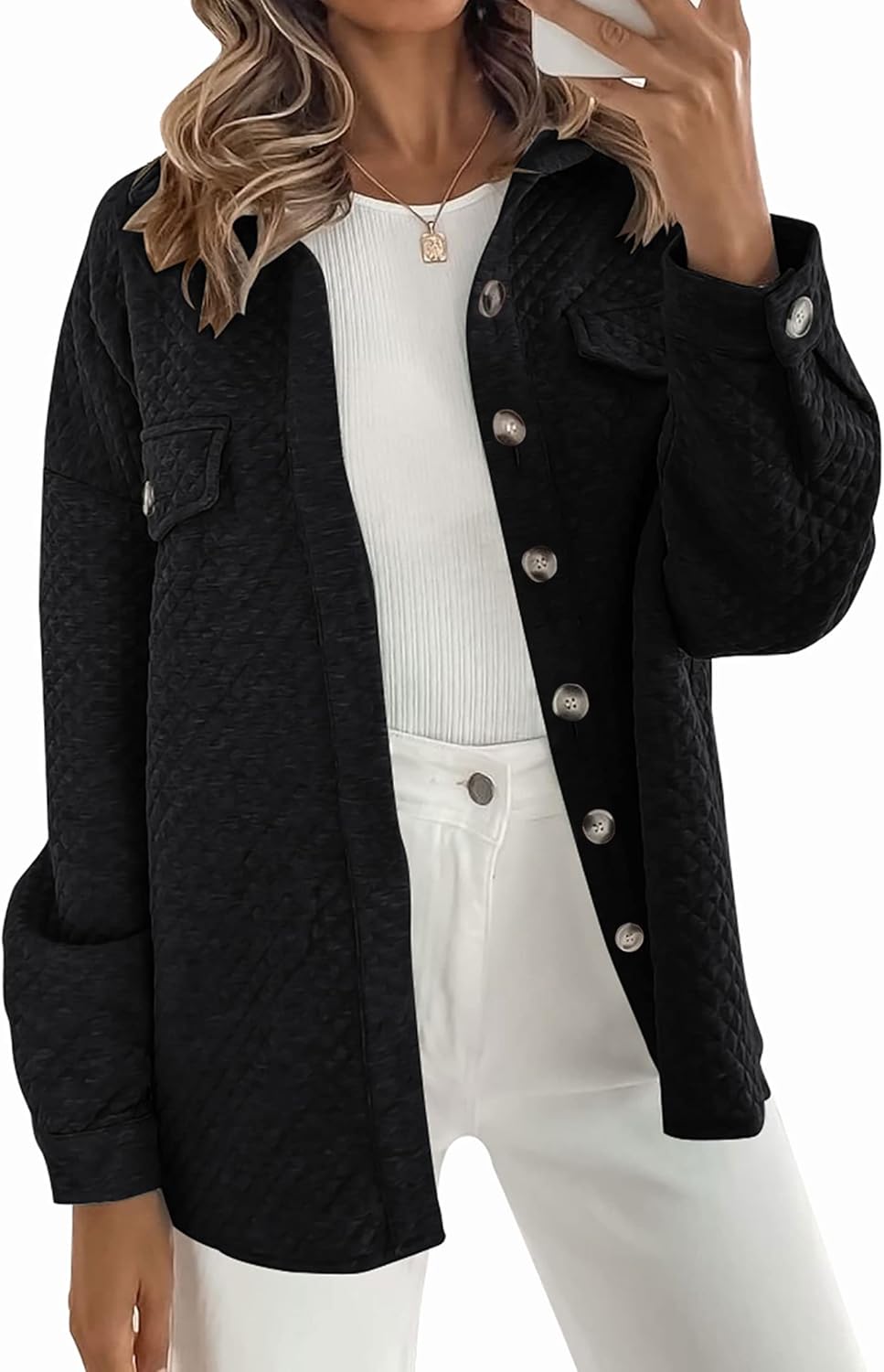 ZESICA Women's 2025 Fall Casual Long Sleeve Button Down Loose Lightweight Shacket Shirt Jacket Coat Outerwear with Pockets