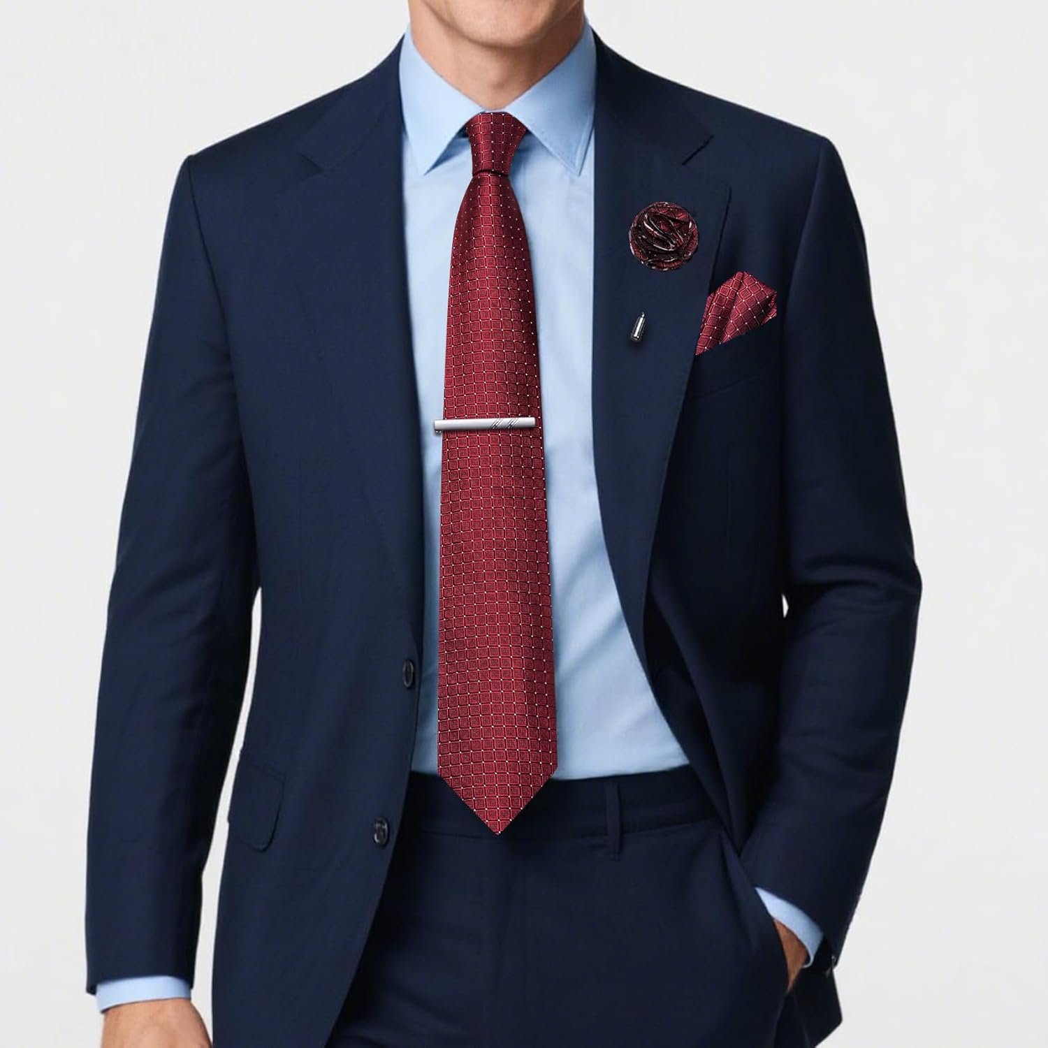 Solid Plaid Checkered Tie Set for Men Silk Necktie Pocket Square Handkerchief Cufflinks Lapel Pin Tie Clip 5PCS - Image 3