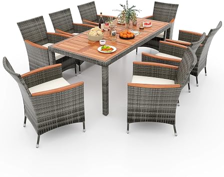KOTEK 9 Piece Outdoor Dining Set, Wicker Patio Dining Set for 8 with Acacia Wood Table & Chairs, 1.96 Umbrella Hole, Patio Table and Chairs Set for Backyard, Deck, Garden Mix Grey
