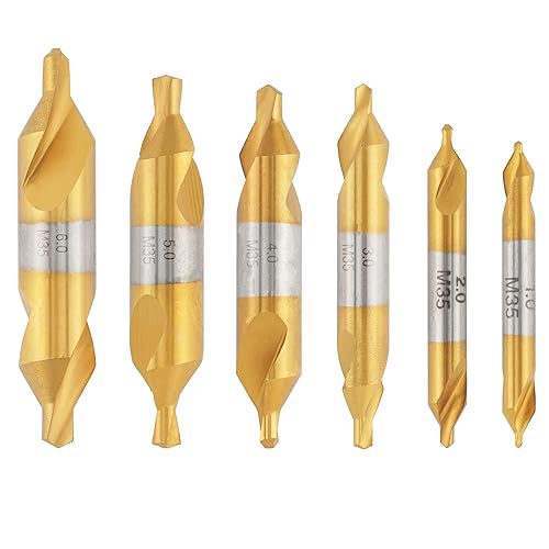 6 pcs Center Drill Bit Set, M35 HSS Countersink Tools, Titanium Coated Center Drill Bits kit for Metalworking Lathe Milling Countersinking, Size 1.0