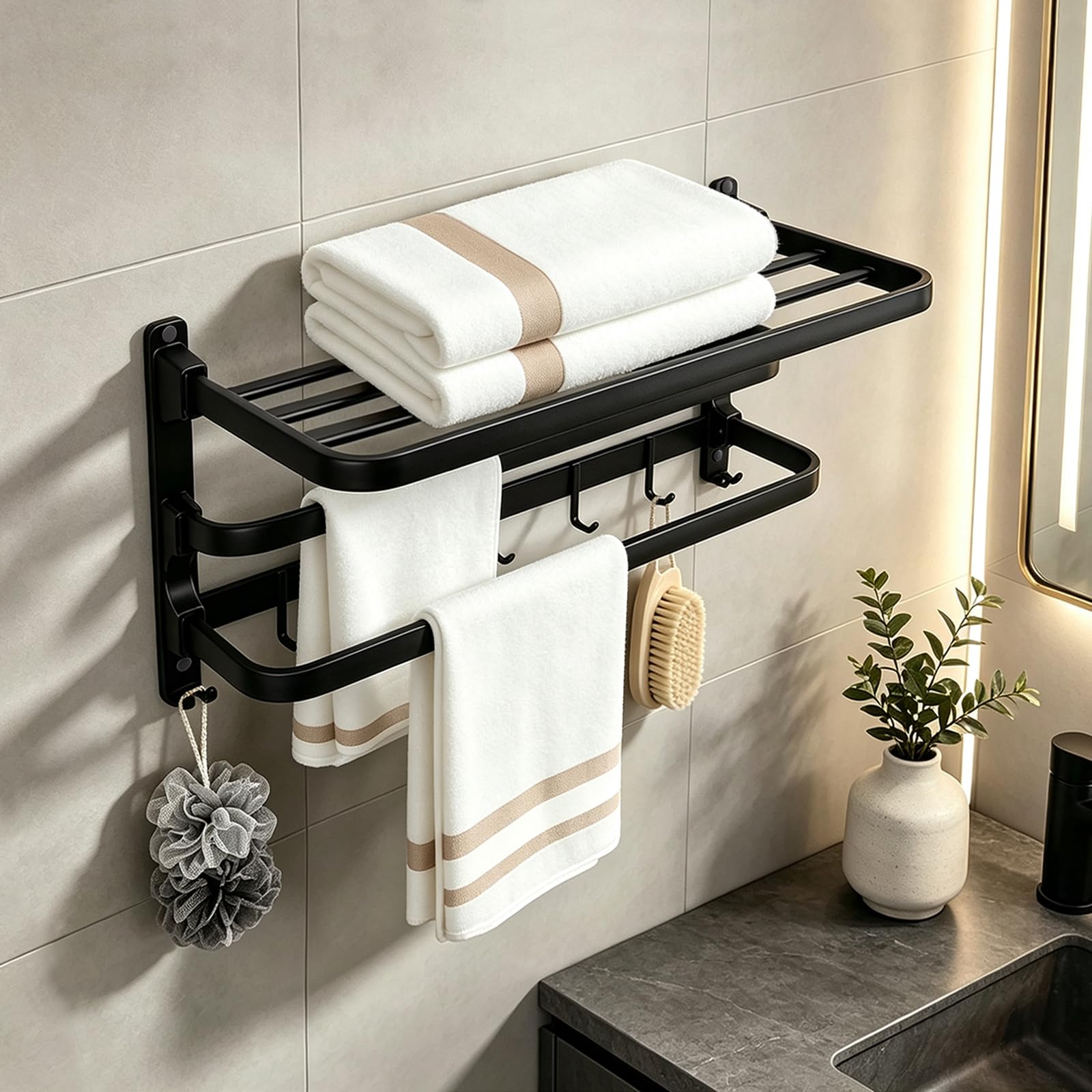 Jahof Wieszak na ręczniki, składany, 3-warstwowy, aluminiowy wieszak na ręczniki z haczykami, regał na ręczniki z wierceniem, do łazienki i kuchni (60 cm, czarny)