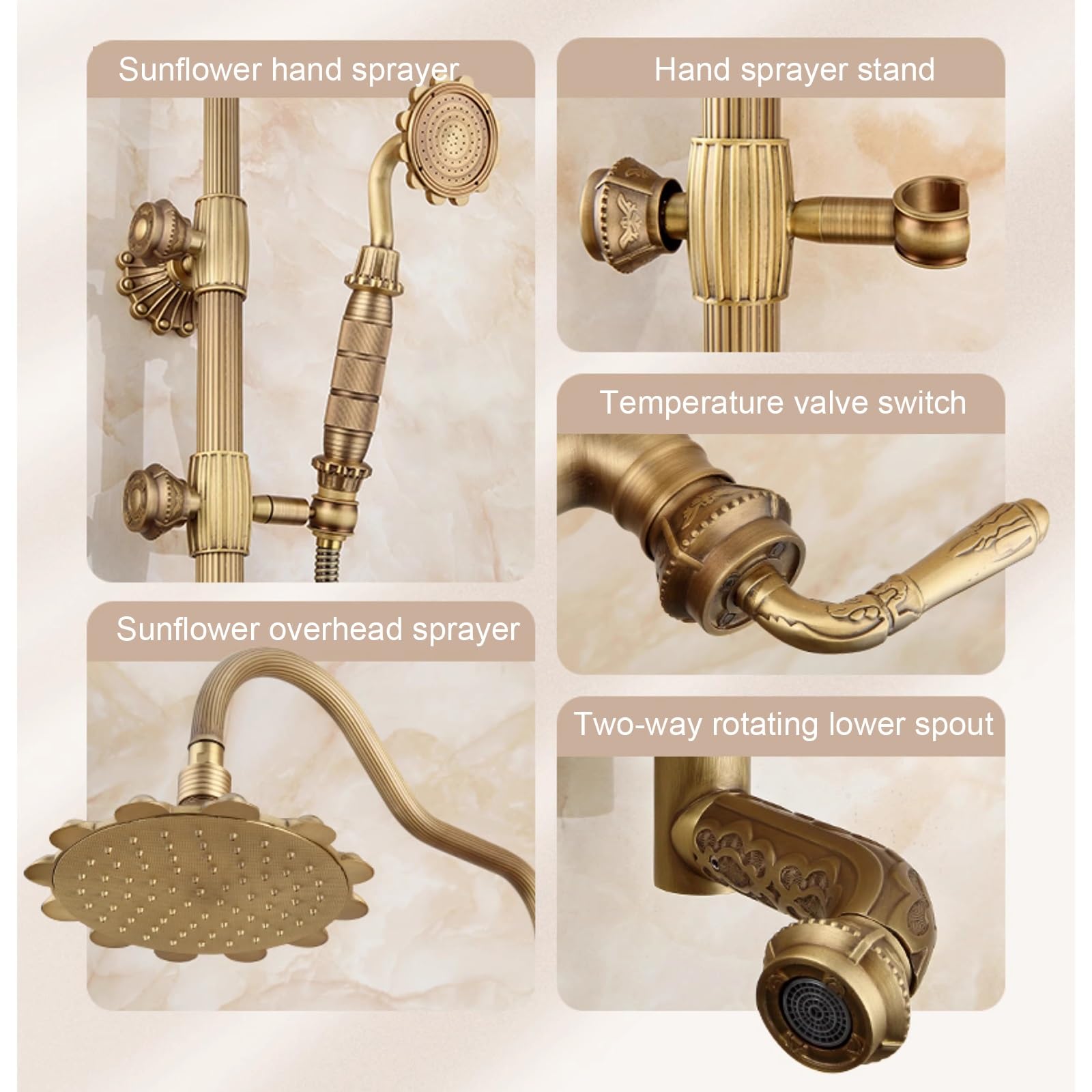 Système de Douche en Laiton Antique, Système de Douche à 3 Fonctions avec Tuyau Apparent, Douchette Supérieure de 21 cm, Douchette à Main et Robinet Rotatif(A2)