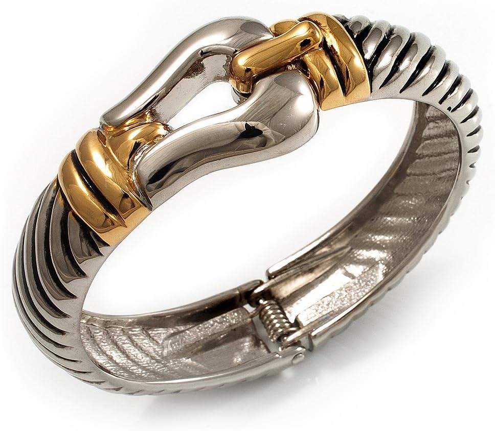 Avalaya Stately Two Tone Textured 'Buckle' Hinged Bangle Bracelet