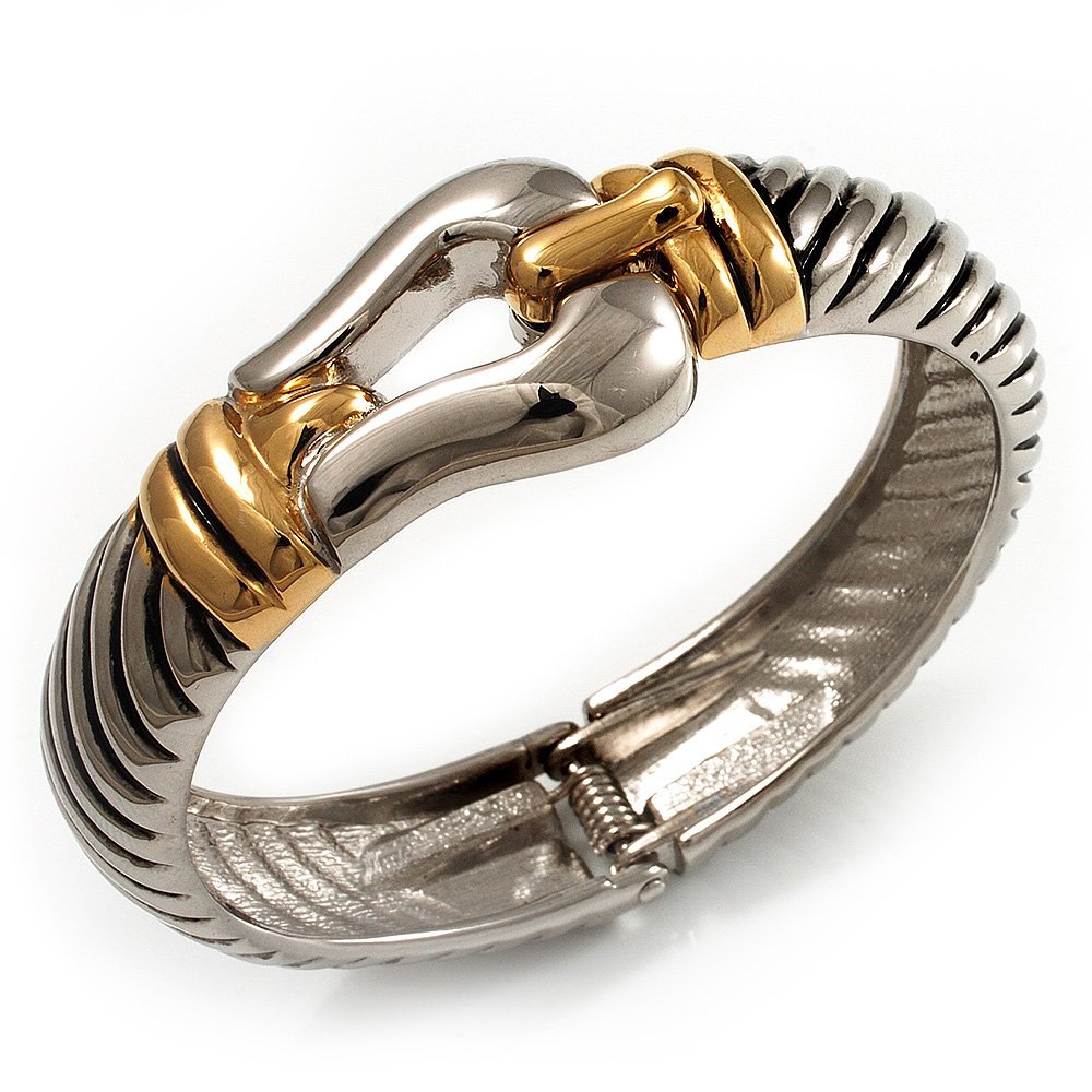 Avalaya Stately Two Tone Textured 'Buckle' Hinged Bangle Bracelet