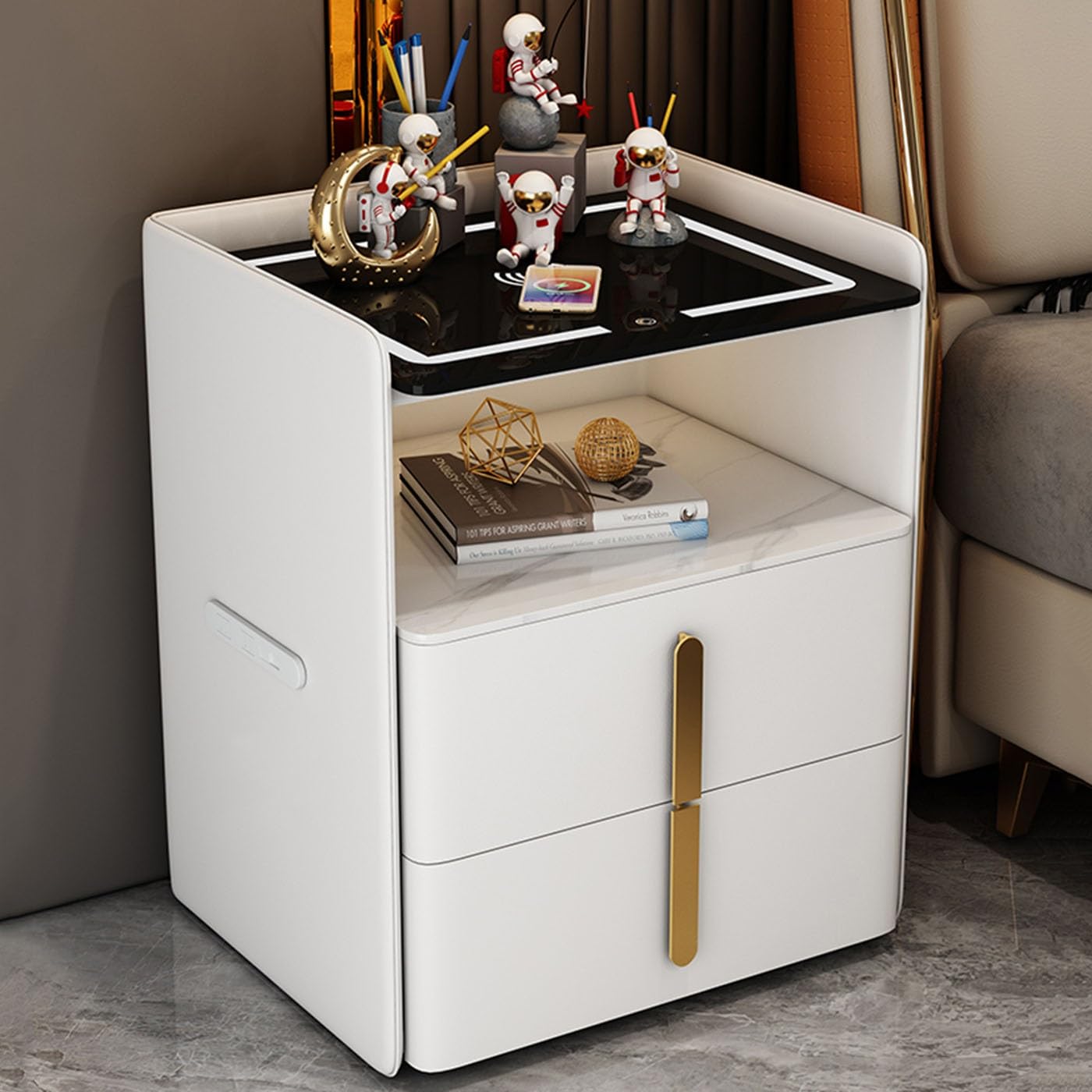 BHGFYXBS Smart Nightstand With Charging Station And Led Lights, Modern Bedside Table With Drawers, End Side Table For Bedroom,40X40X52Cm,Size_Name-40X40X52Cm,size_name-40x40x52cm