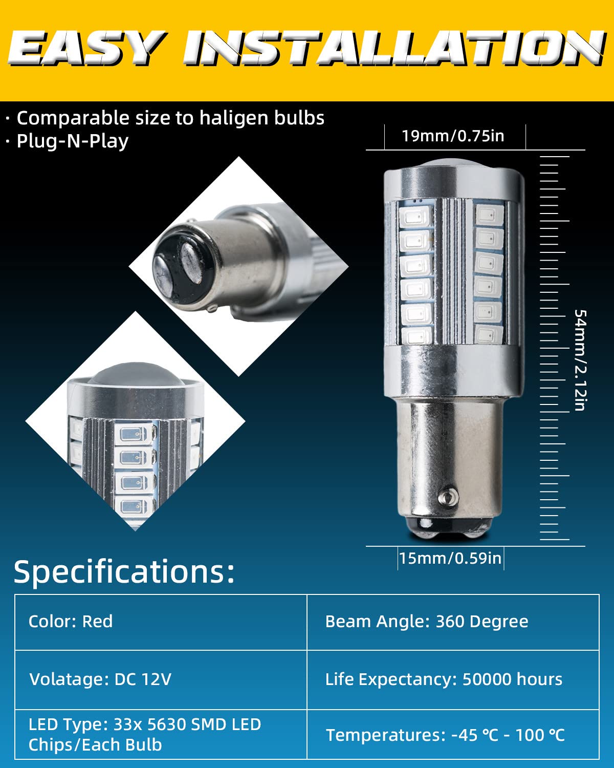 LQQDP 2x 1157/Bay15d Super Bright Red DC LED Bulbs For Front Rear Turn Signal/Parking/Side Marker/Daytime Running 12V 33x 5630 SMD
