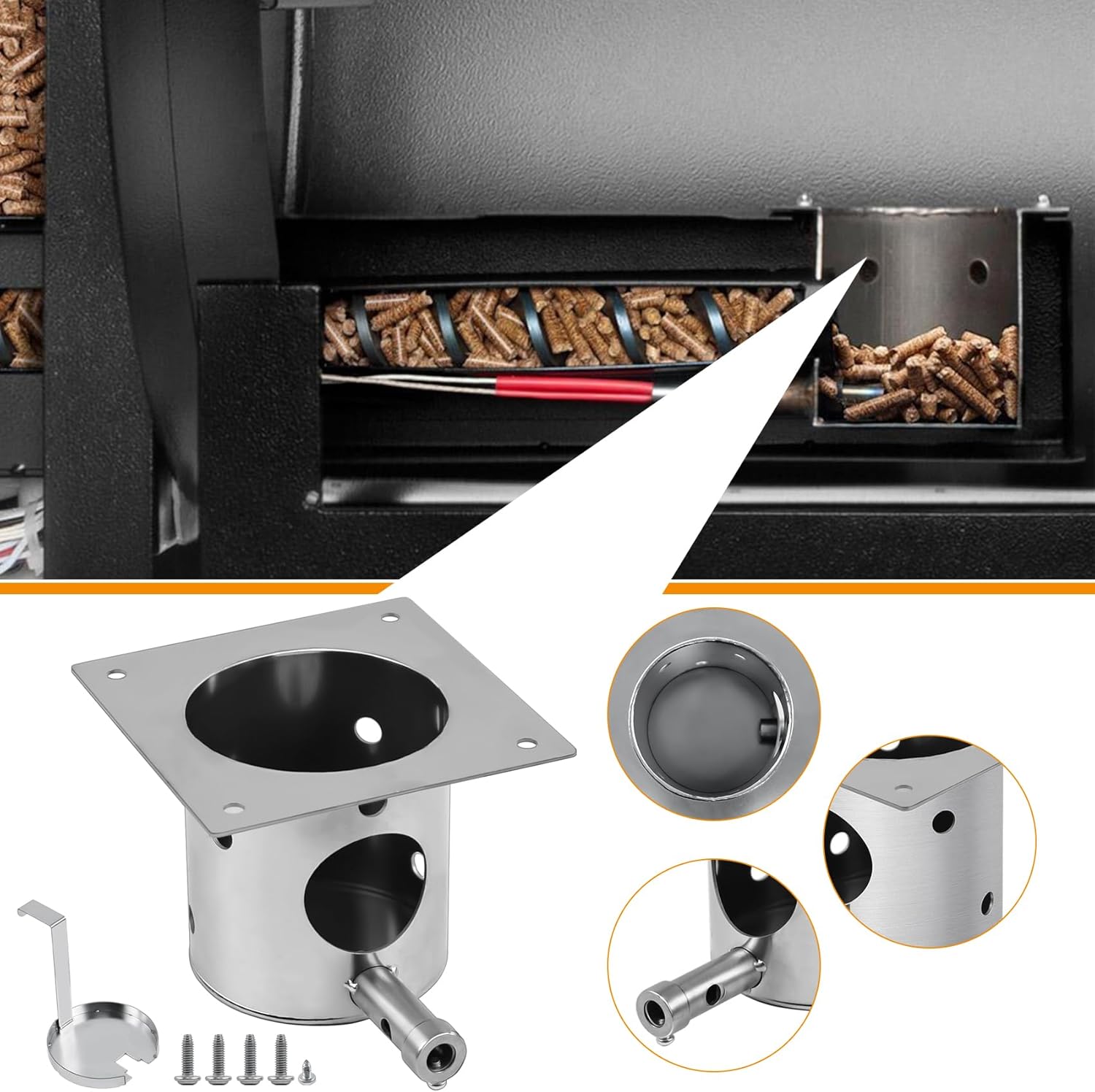 304 Stainless Steel Fire Burn Pot Kit for Pit Boss, Traeger and Camp Chef Pellet Grills, Upgraded Heavy Duty Pellet Grills Fire Box FirePot Burner Replacement Parts with Ash Remover and Screws