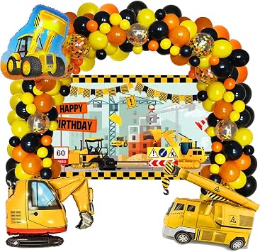 Construction Birthday Party Supplies with Dump Truck Digger Bulldozer Balloons Construction Background,Confetti Balloons,Yellow, Black, Orange Balloons for Kids Birthday Party