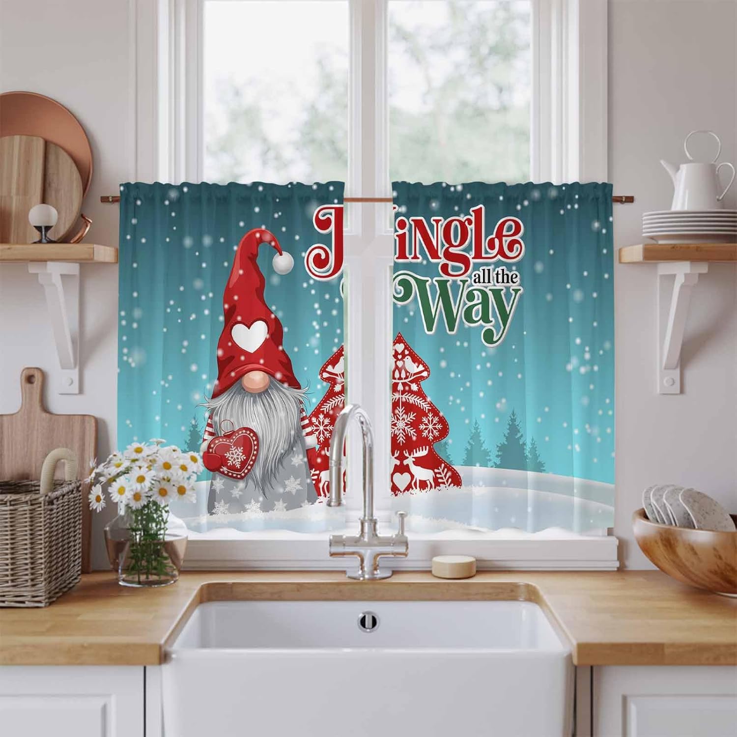 Teal Christmas Gnomes Kitchen Curtains 45 Inch Long 2 Panel Set, Rod Pocket Window Treatment, Xmas Tree Snowflake Love Winter Light Filtering Panels Short Drapes for Bathroom Camper 42"W x 45"L