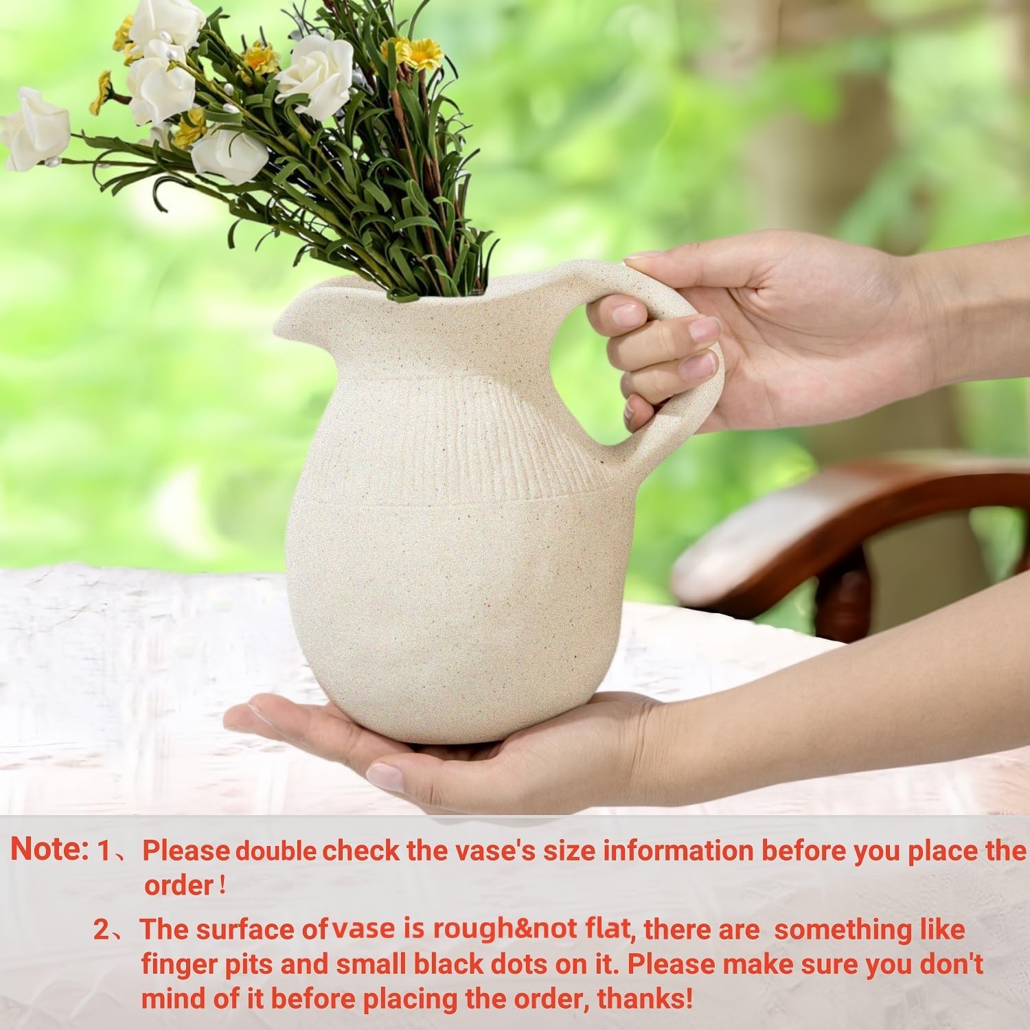 Farmhouse Ceramic Vase with Handle, Rustic Ceramic Pitcher Vases for Home Decor, Decorative Pottery Jug Flower Vase, Centerpiece for Your Kitchen/Bedroom/Office/Living Room/Shelf/Mantel