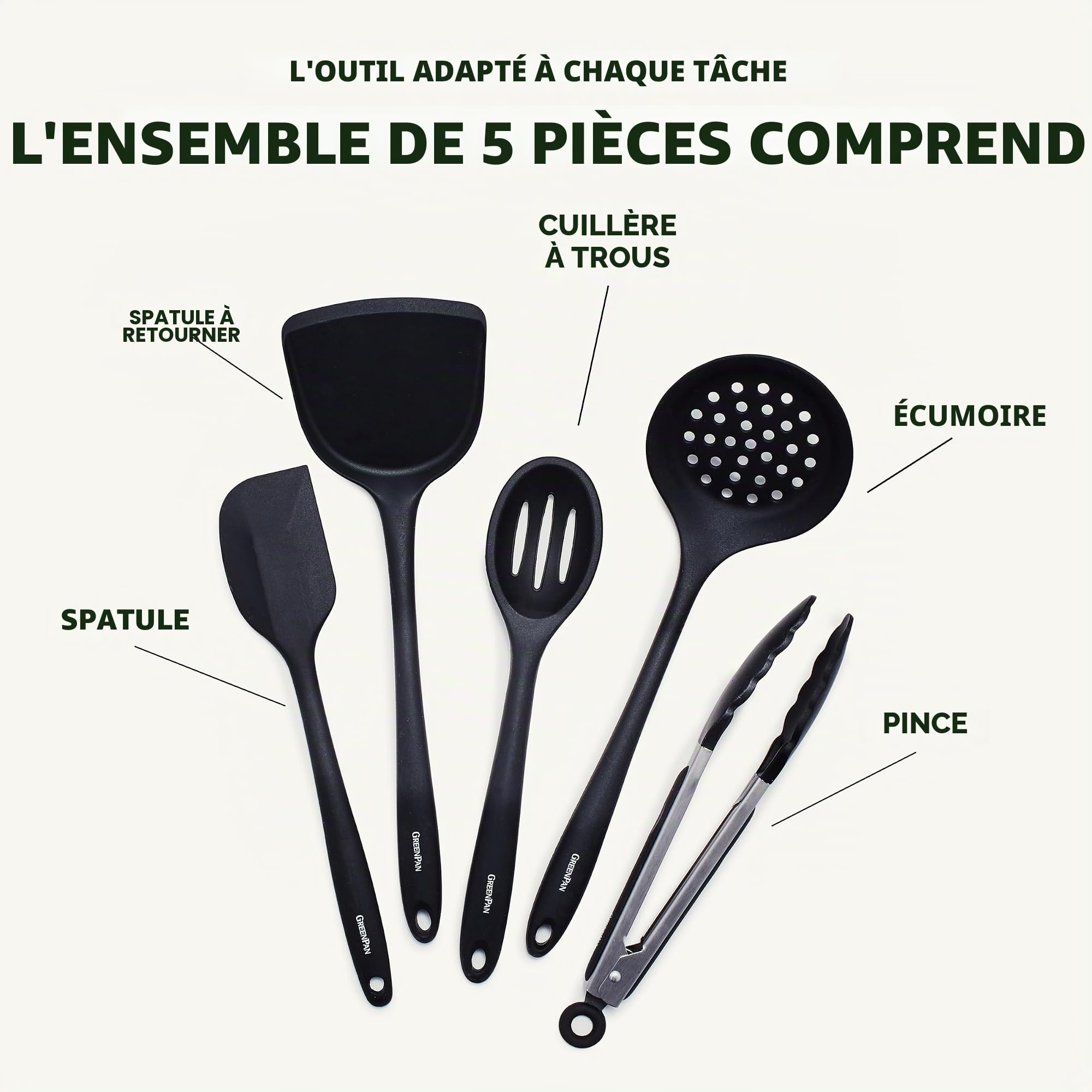 GreenPan Ustensiles de cuisine 5 pièces Noir
