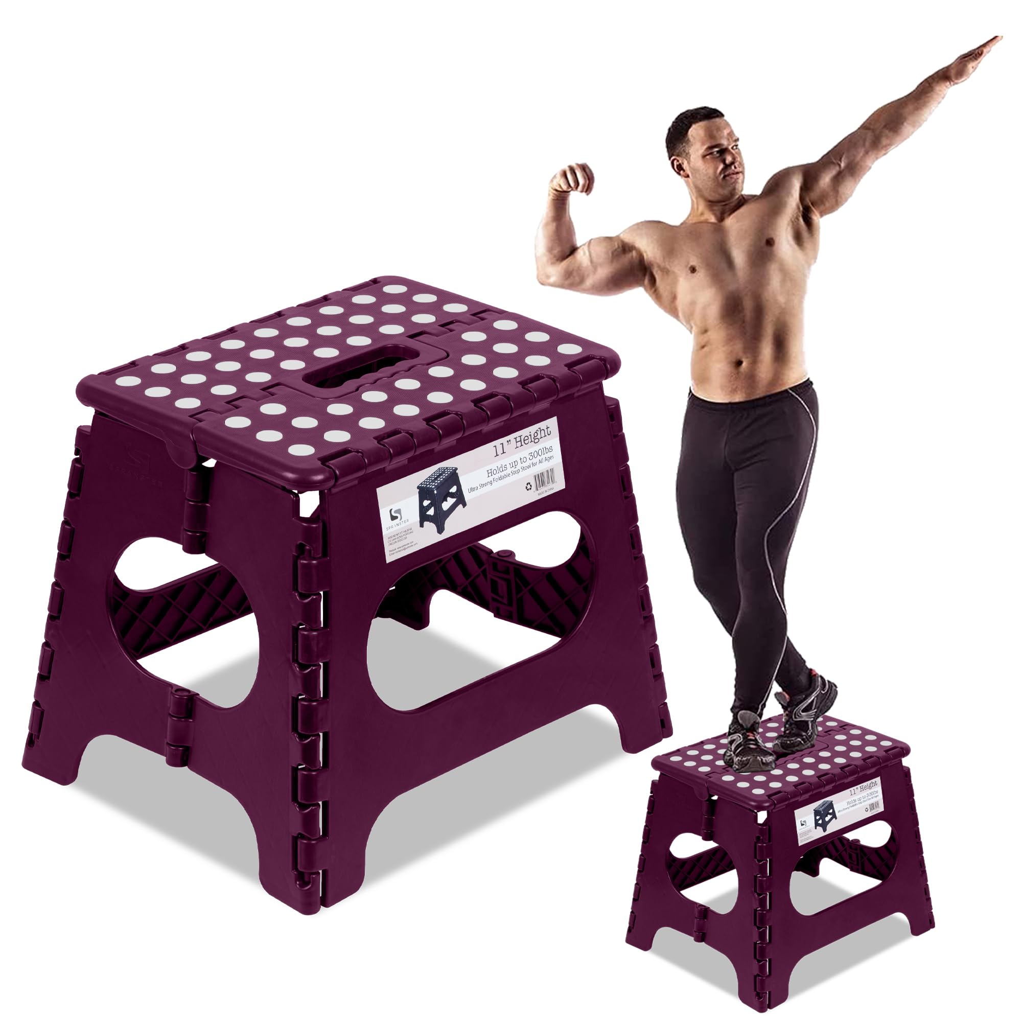 Spranster Super Strong Folding Step Stool - 11" - Sturdy Enough to Hold 300 Lb - Lightweight Foldable Step Stool for Adults and Kids - Opens with one Flip - Great for Kitchen, Bathroom and Bedroom