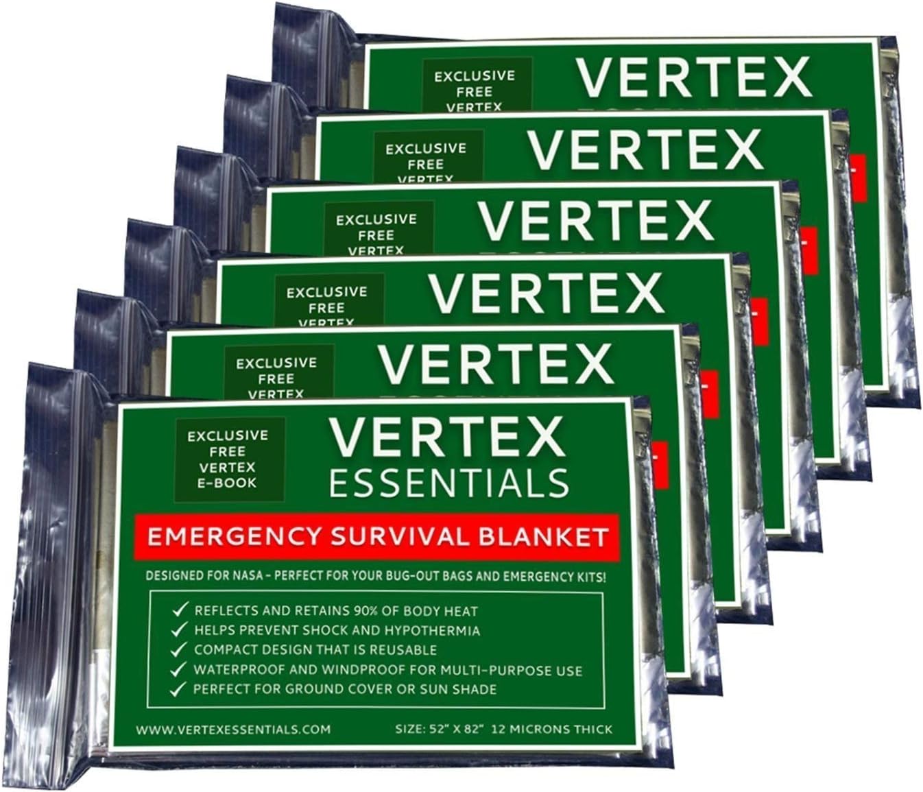 Vertex Essentials Emergency Blanket (6Pack), 52" x 82