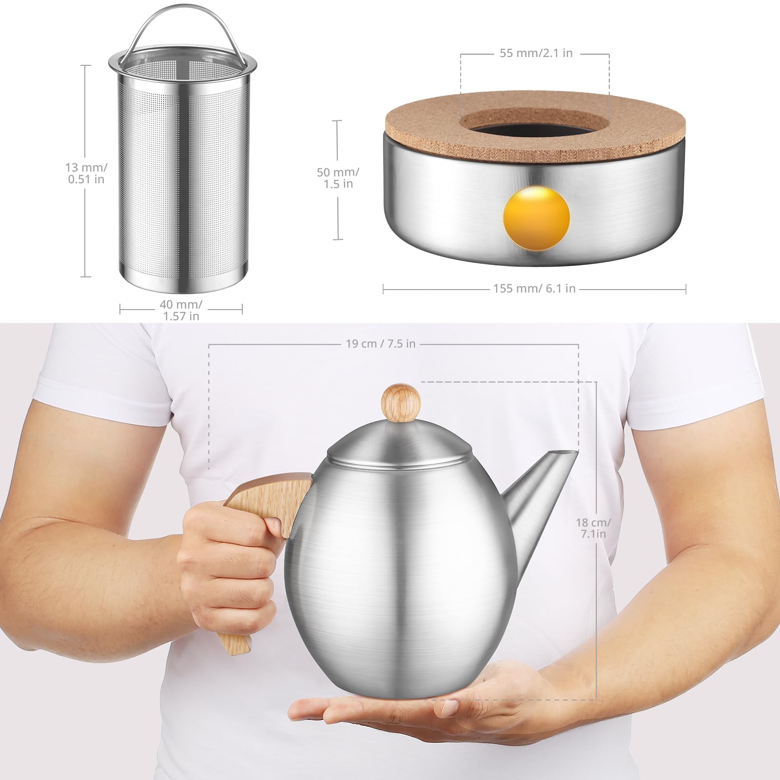 glastal Tetera plateada de acero inoxidable, 1200 ml, con calentador de té y calentador de té de acero inoxidable