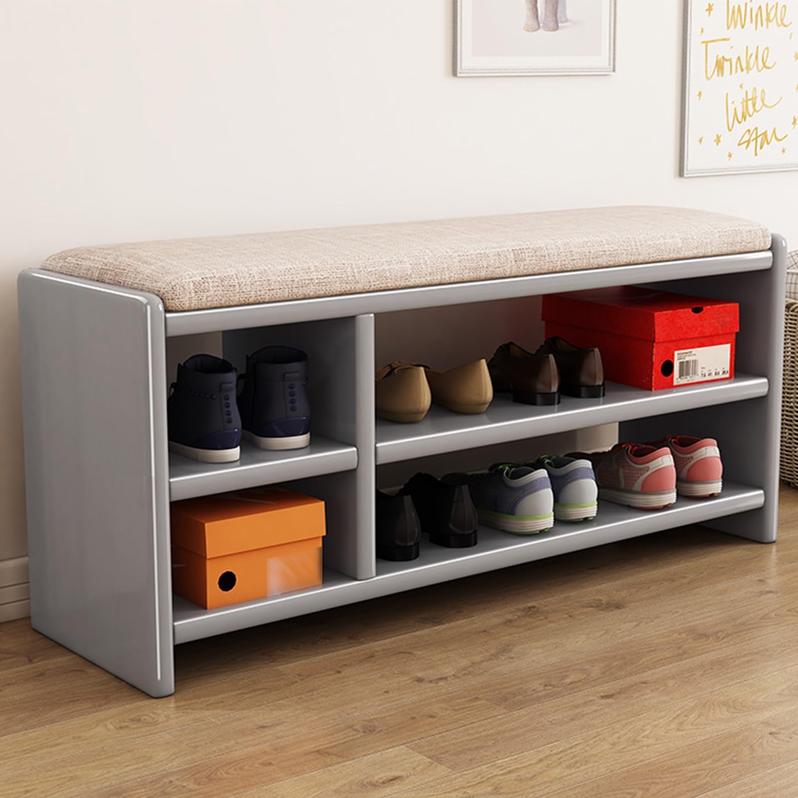 Banc à chaussures gris 80 cm avec coussin d'assise confortable et étagères réglables pour entrée