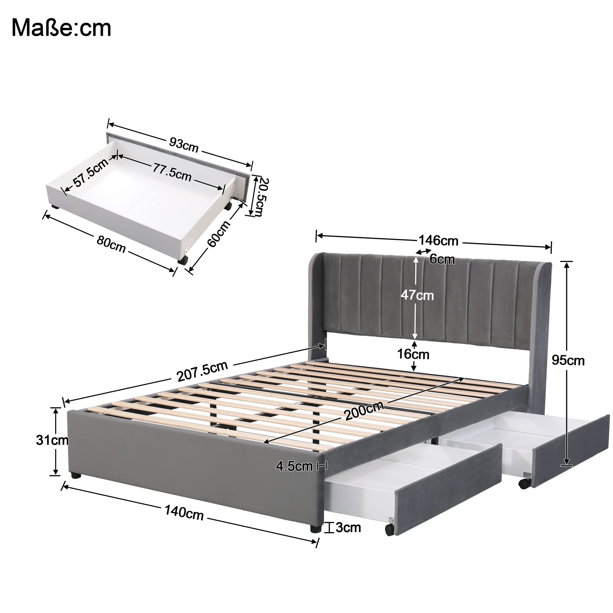 Rtopsu Polsterbett Doppelbett 140x200 cm, Bett mit 2 Stauraum Schubladen und Lattenrost aus Holz, Stauraumbett Bettgestell mit Metallrahmen, Samt, Grau (Ohne Matratze)