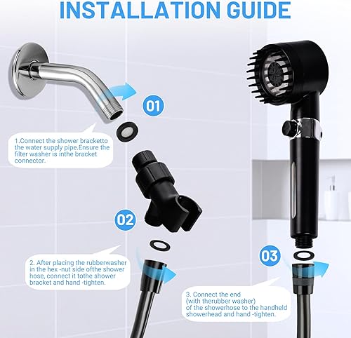 Miniatura 8 de Cabezal de ducha filtrado con mano, flujo de agua de alta presión y 4 modos de pulverización, lavado a presión para agua dura, juego de cabezal de