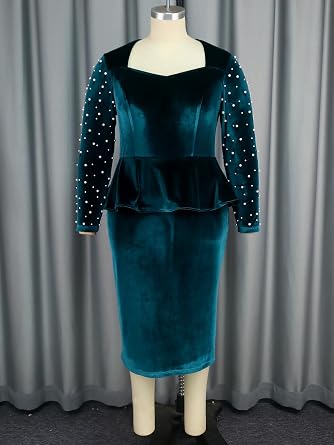 AOMEI Elegant Pearl Beaded Velvet Cocktail Dresses for Women Fall Long Sleeve Peplum Bodycon Square Neck Midi Party Dress