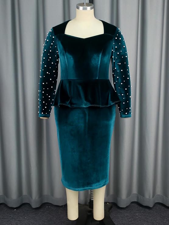 AOMEI Elegant Pearl Beaded Velvet Cocktail Dresses for Women Fall Long Sleeve Peplum Bodycon Square Neck Midi Party Dress