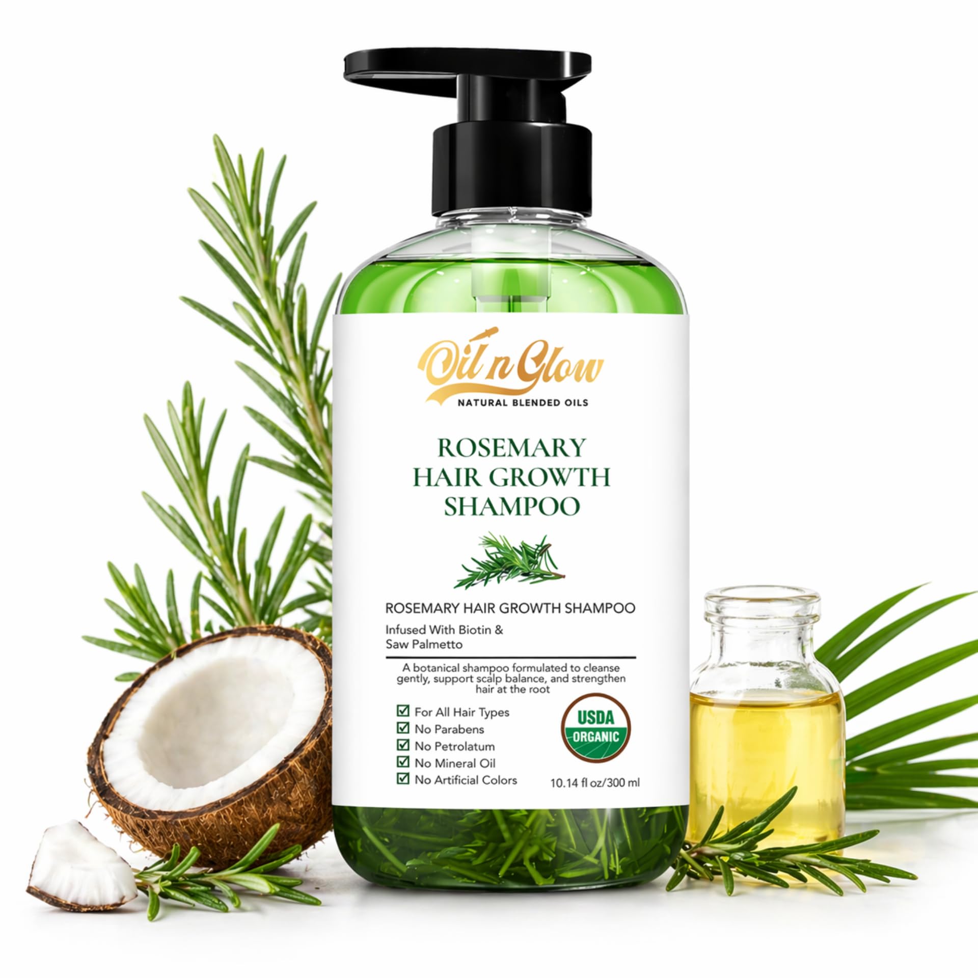 USDA Organic Rosemary Shampoo For Hair Growth, Thickening & Strengthening for Women & Men with Biotin, Pumpkin Seed Oil & Aloe, Scalp DHT Blocker Saw Palmetto10 Fl. Oz- Fragrance Free