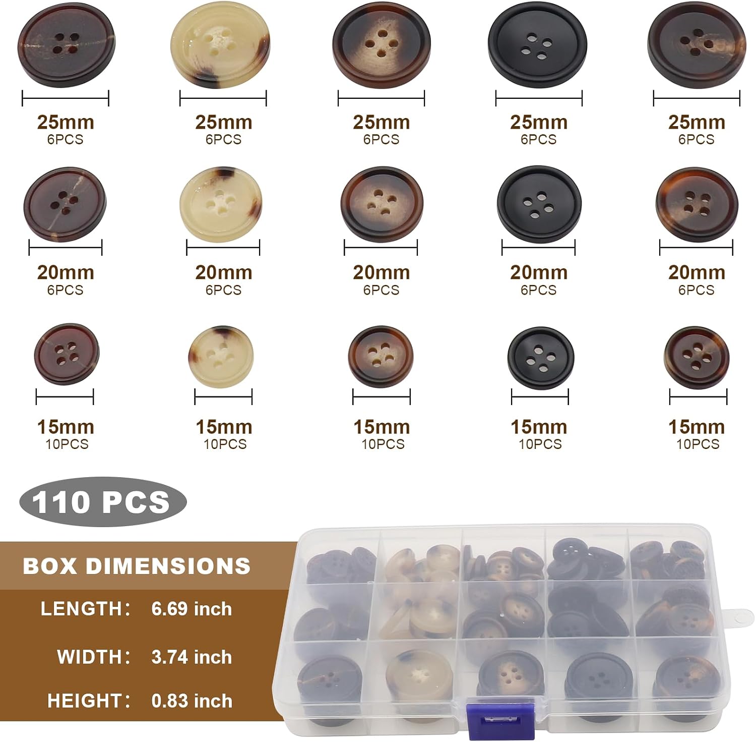 110 PCS Assorted Sewing Buttons, 4-Hole Rroud Resin Buttons for Clothing, Blazers, Suits & Coats | Decorative Buttons for Tailoring & DIY, 5 Colors, 3 Sizes (0.6 inch/0.8 inch/1 inch) image 2