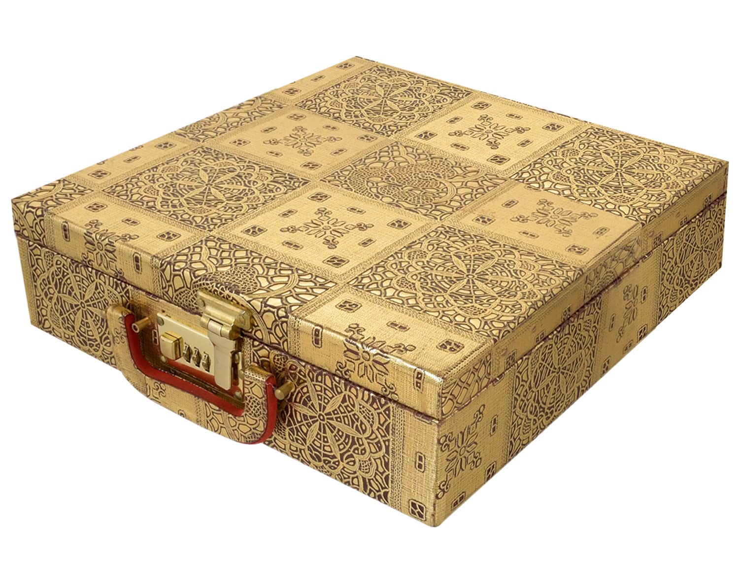 Kuber Industries Multipurpose Wooden Emobssed Design 4 Rod Bangle Box/Organizer/Case With Mirror & Number Lock System (Gold)-47KM0557