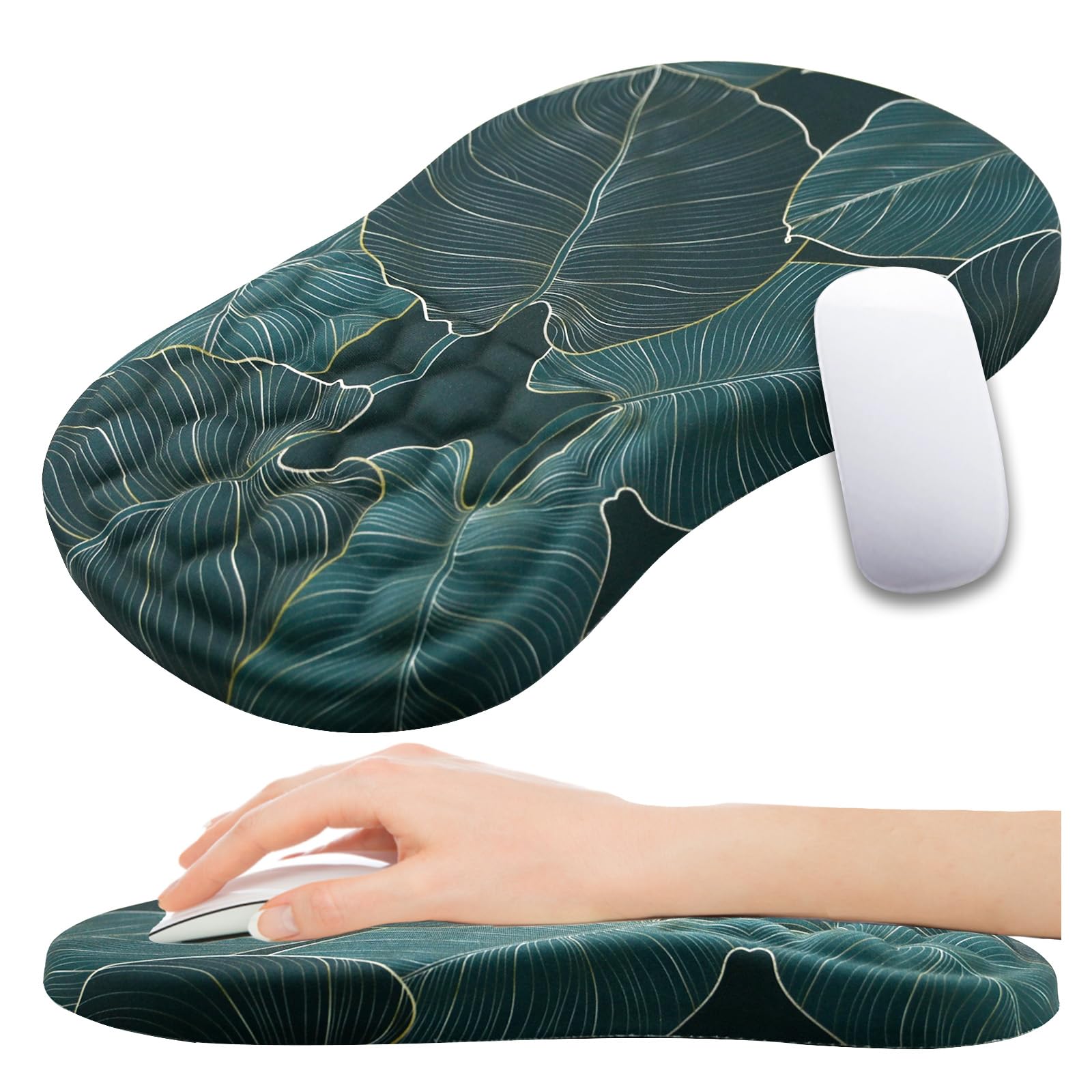 Ergonomic Mouse Pad Wrist Support, Memory Foam Massage Bulge Mousepad Wrist Rest for Carpal Tunnel Pain Relief, Gel Mouse Pads for Computer, Laptop, Office, Gaming (12x8 inch, Green Palm Leaves)