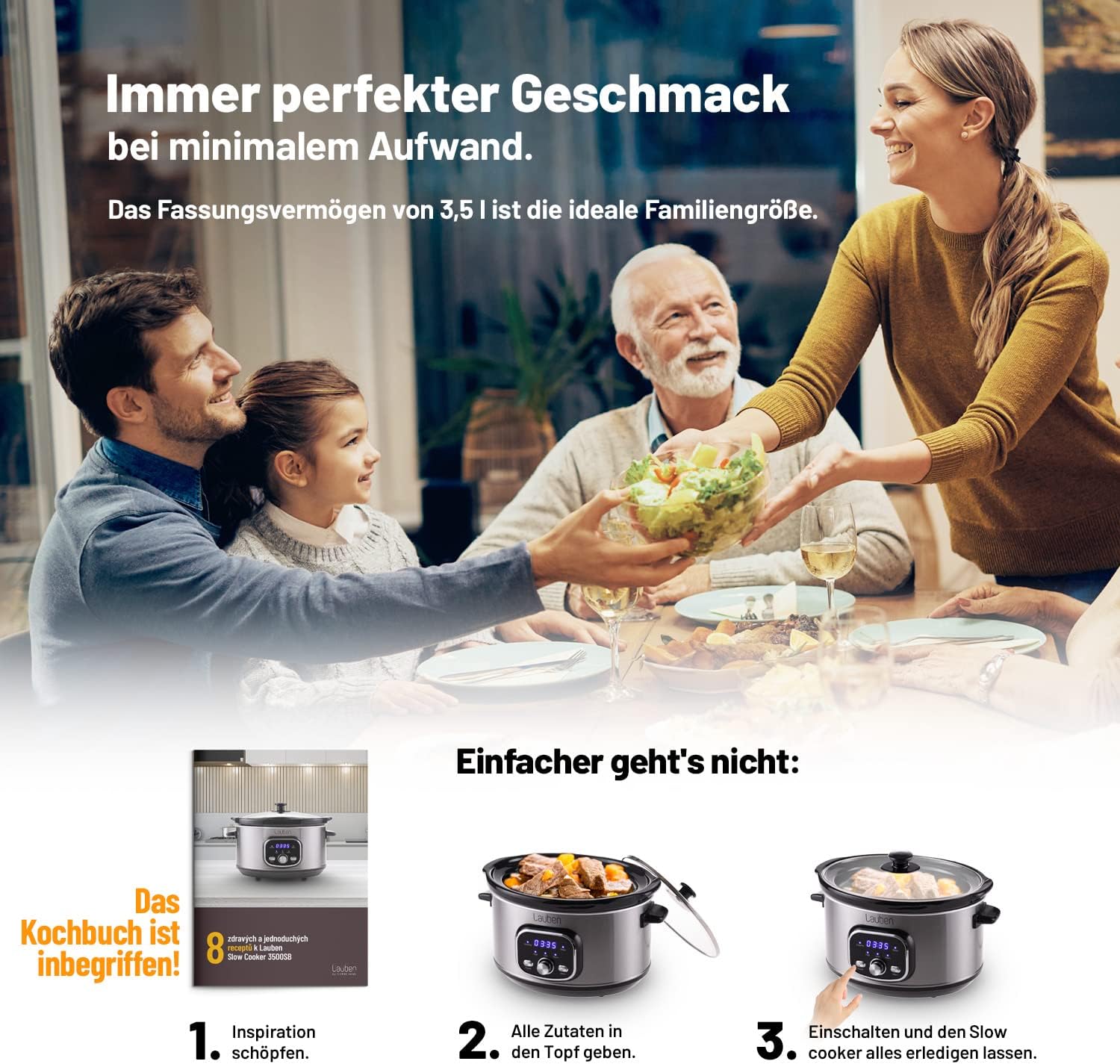 Slow Cooker 3500SB Slow Cooker with Thermeffect® Technology, SlowHeat® Technology, Cookbook, Ceramic Inner Container, Two Temperature Settings, Manual Time Setting, 3.5 L