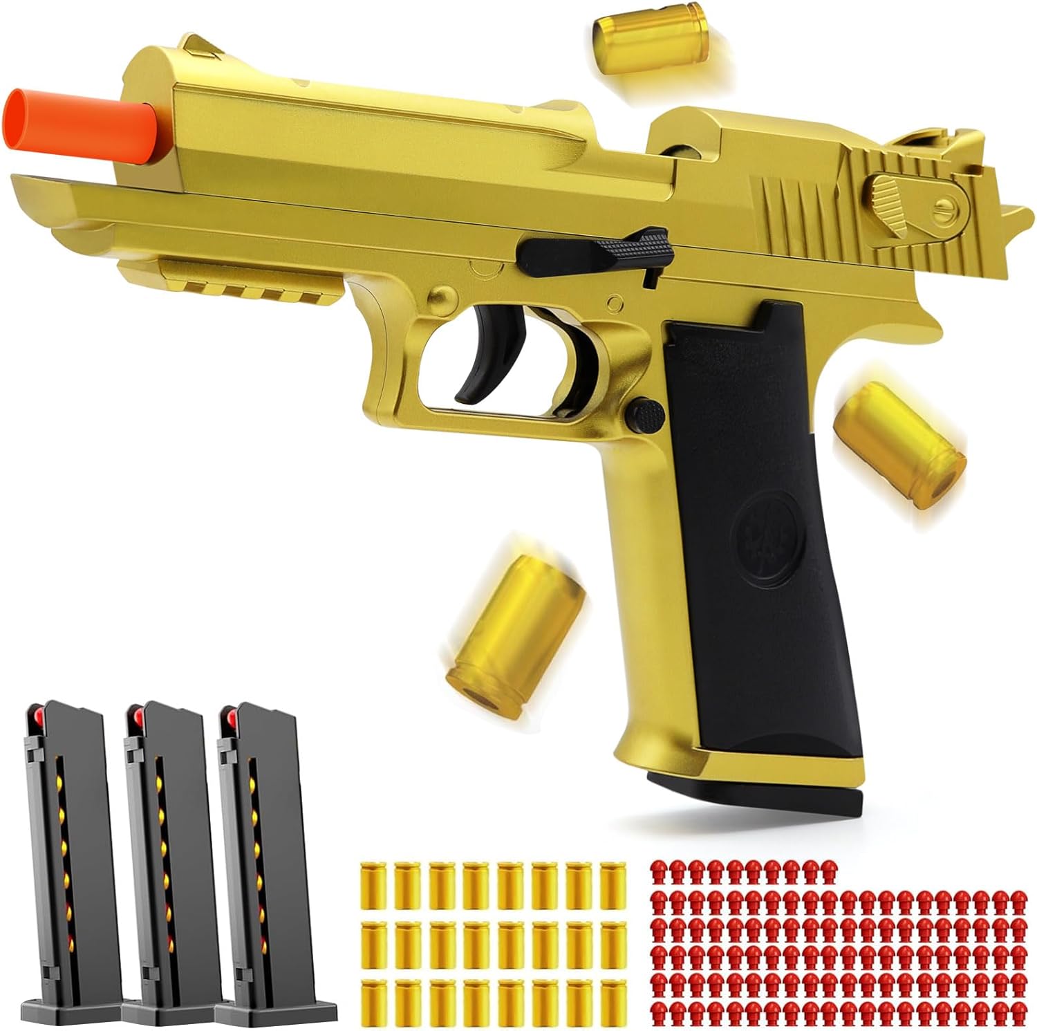 automatic shell ejecting toy gun with soft bullets, gold fidget gun toy pistol with 110 bullets & 24 shells, educational outdoor shooting game toys, gifts for birthday halloween christmas