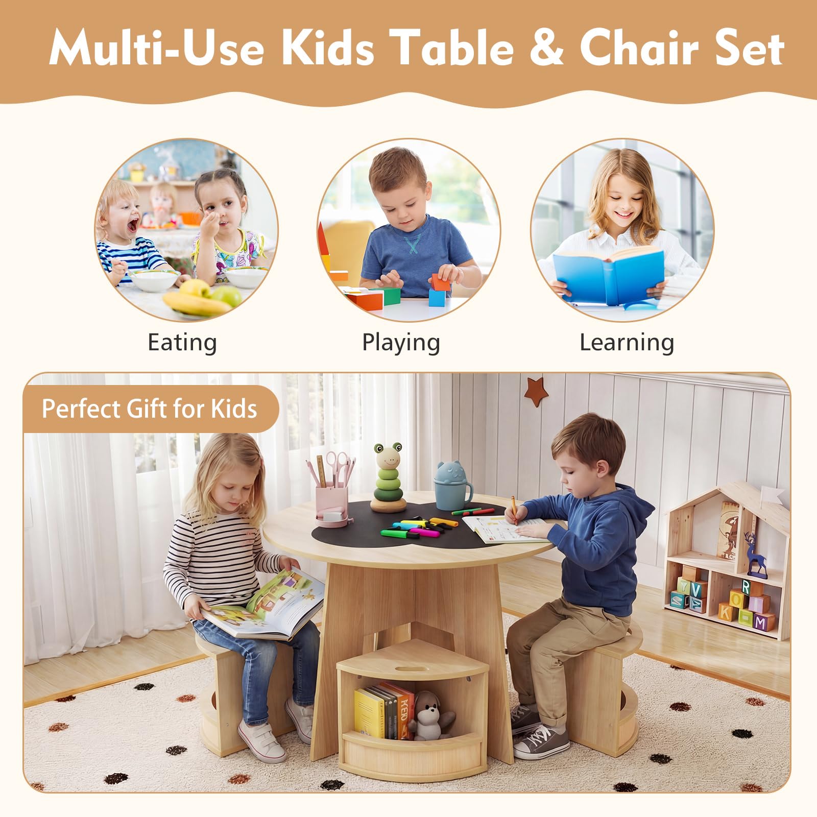 FANTASK 5-TLG. Kindertisch Stuhl Set Rund, Holztisch mit 4 Stauraumhockern, Maltisch für Kinderzimmer, Sitzgruppe ab 3 Jahren (Natur)