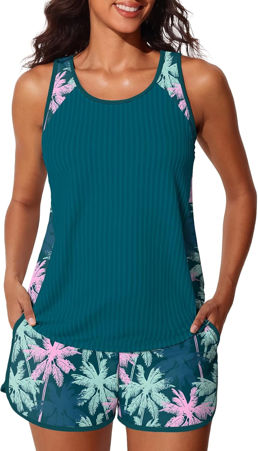 Summer Mae Modest Tankini Swimsuits for Women 2026 Textured Ribbed Bathing Suits Tummy Control Swim Shorts with Pockets