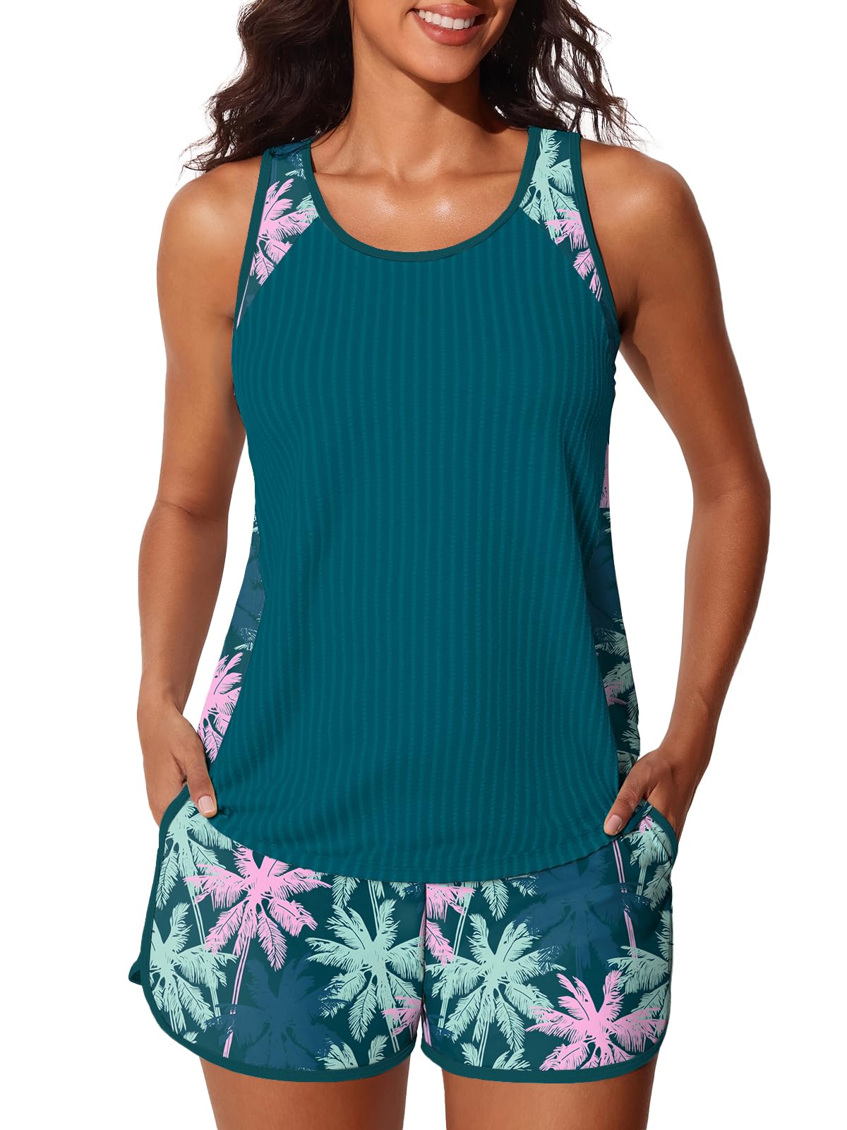 Tankini modeste texturé côtelé à imprimé palmiers roses et bleus - 8