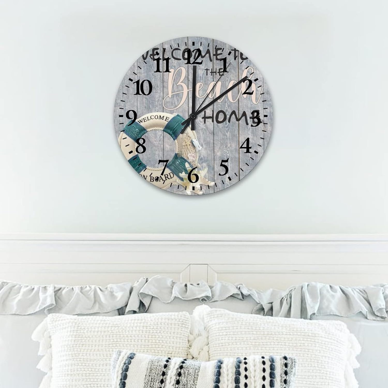 15 Inch Welcome to The Beach Home Wall Clock Quartz Non Ticking Ocean Waves Coastal Theme Kitchen Clocks Wall Arabic Numbers Round Clock for Bedroom Living Room Home Decor
