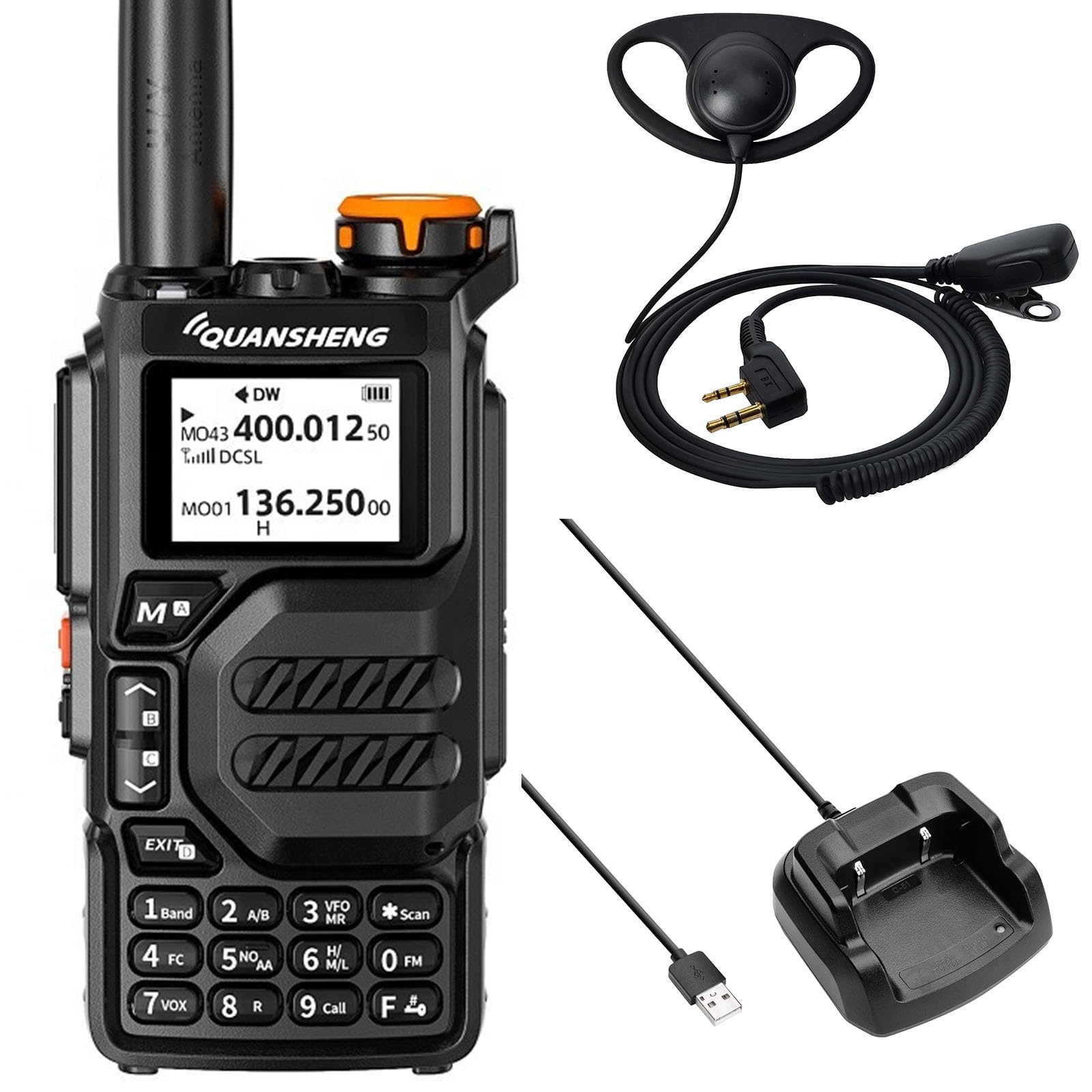QUANSHENG UV-K5 Walkie Talkie a lunga portata con auricolare a D forma e micro PTT VHF UHF 200 canali radio portatile ricaricabile professionale AM/FM/DTMF, VOX, frequenza copia, NOAA Meteo