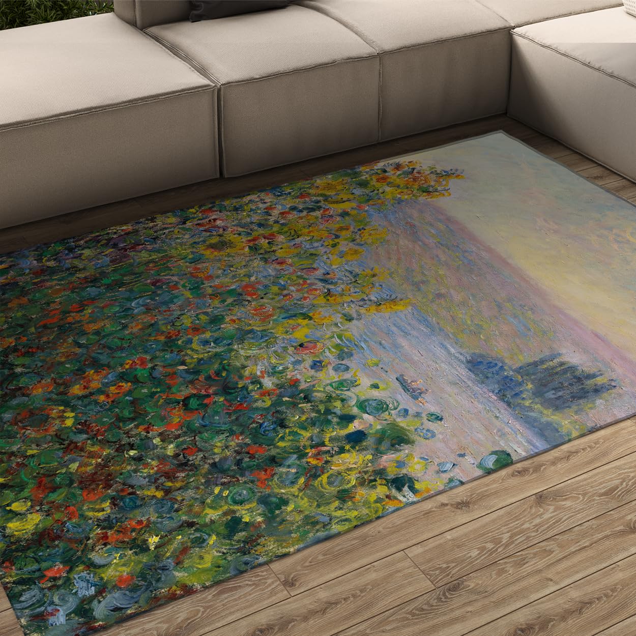 Tapis lavable en machine 160x230 vert jaune paysage floral de chambre