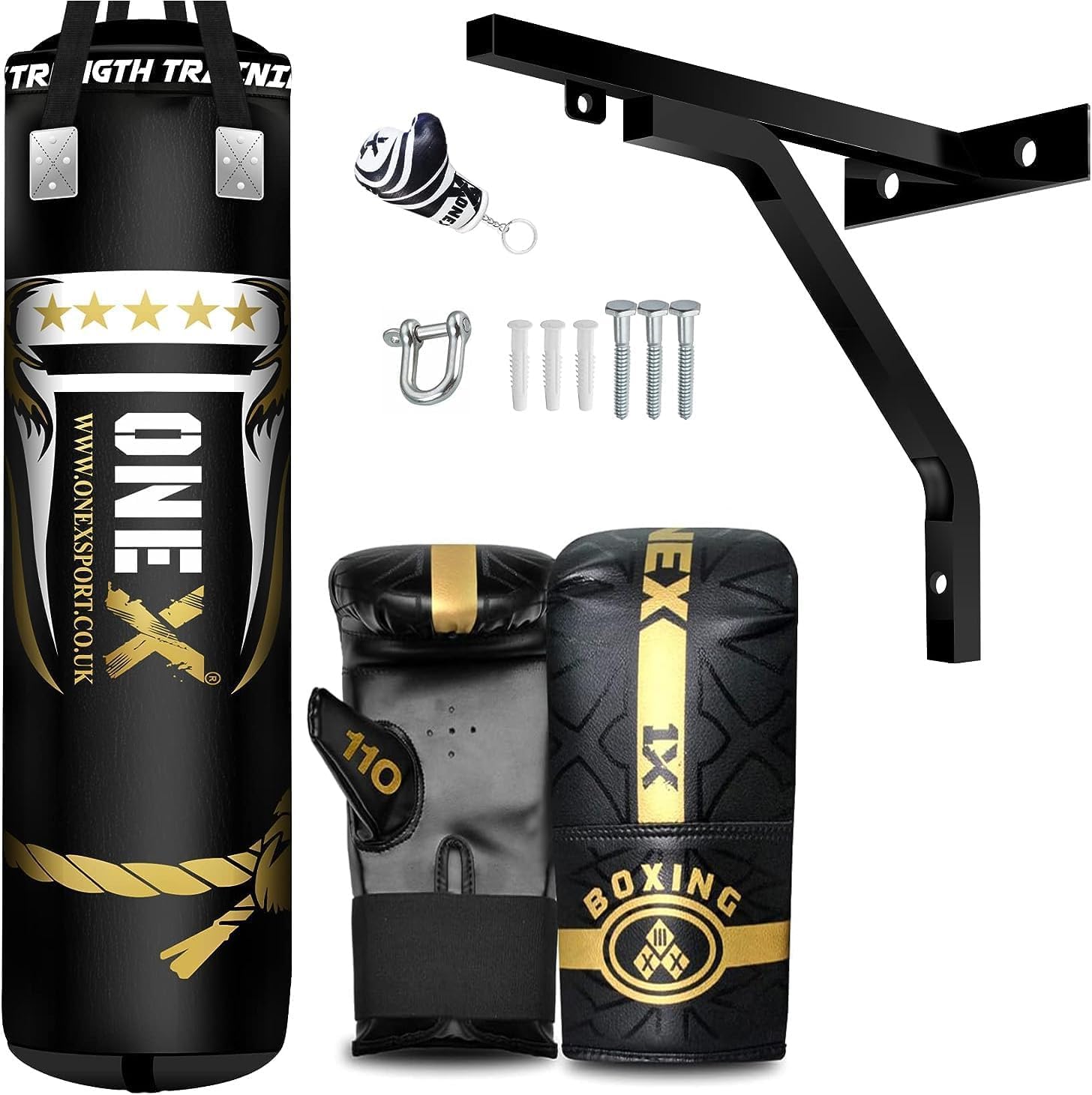 Boxing Punch Bag Filled 4ft Heavy Duty Boxing Punching bag set, Wall Bracket Punching Gloves, Kickboxing MMA Grappling Muay Thai Karate BJJ, Adult Home Gym 4ft Black