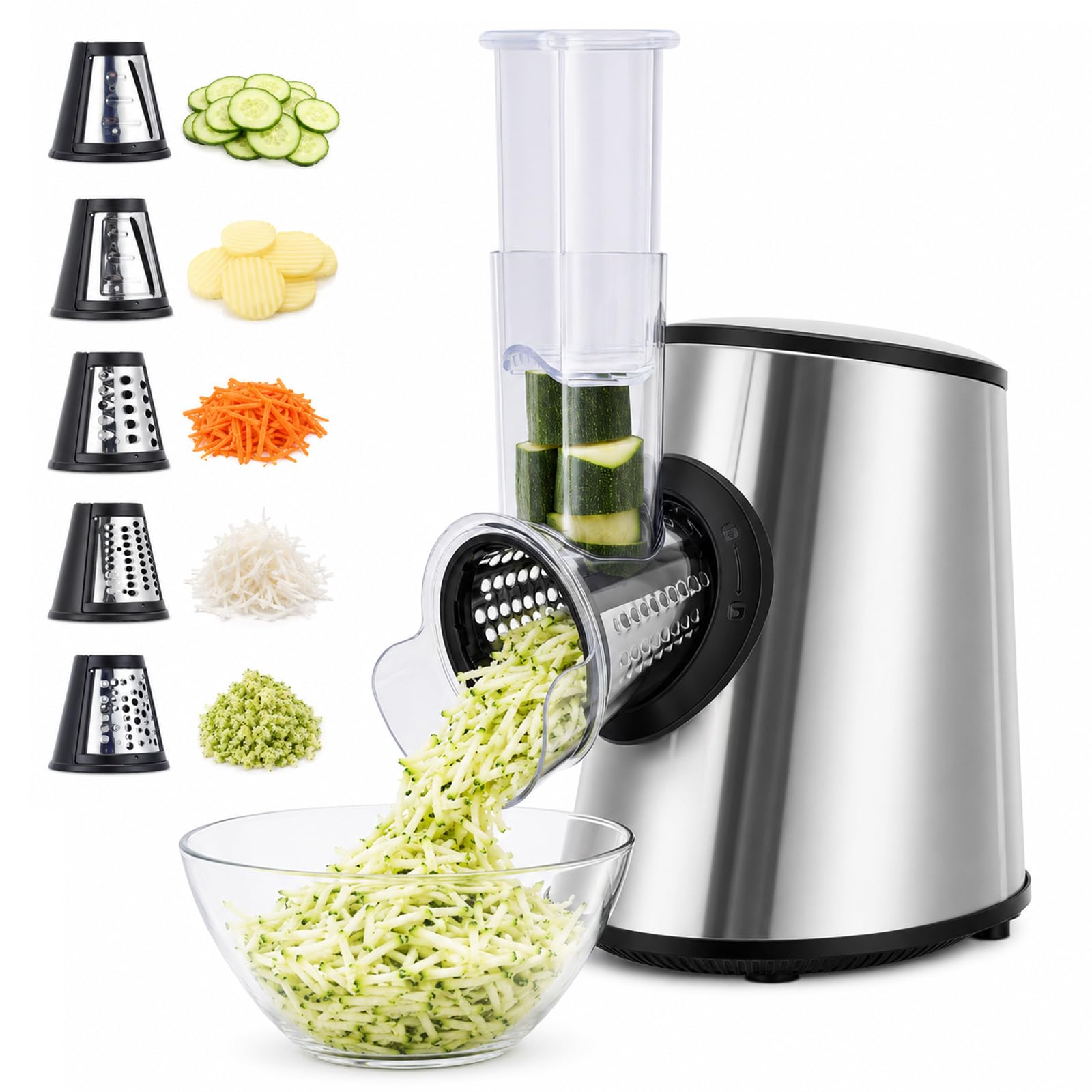 Rallador Eléctrico Profesional 5 en 1, 800 W con 5 Conos en Acero Inoxidable, Cortador y Picadora Multifunción con Apertura Grande de 9 cm para Frutas, Verduras, Queso, Nueces, Zanahorias, Gris
