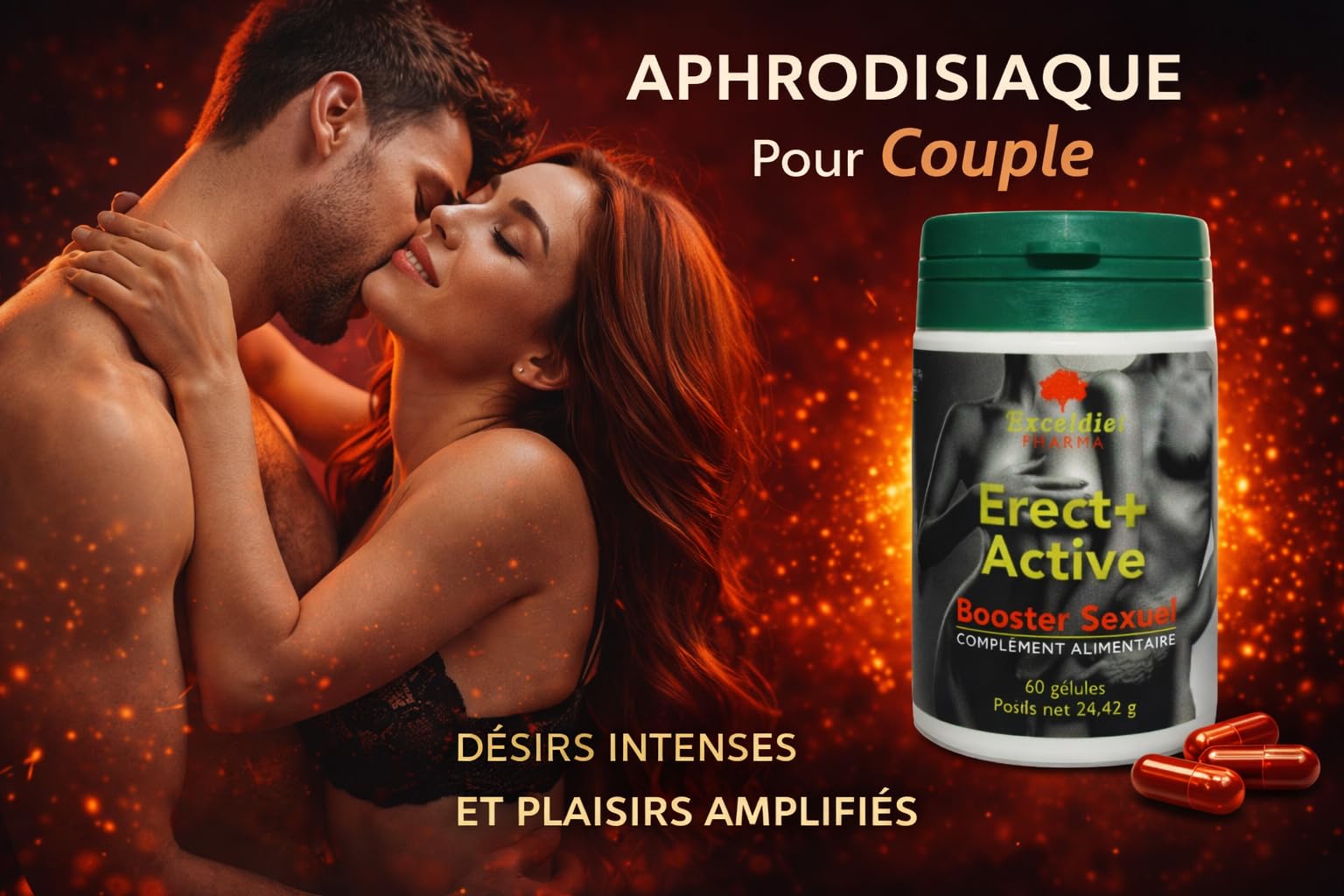 ERECT + ACTIVE - Complément Alimentaire Tonifiant Sexuel Intense pour Homme - Performance, Vigueur, Endurance Sexuelle - Maca, Ginseng, Tribullus, Zinc, 60 gélules