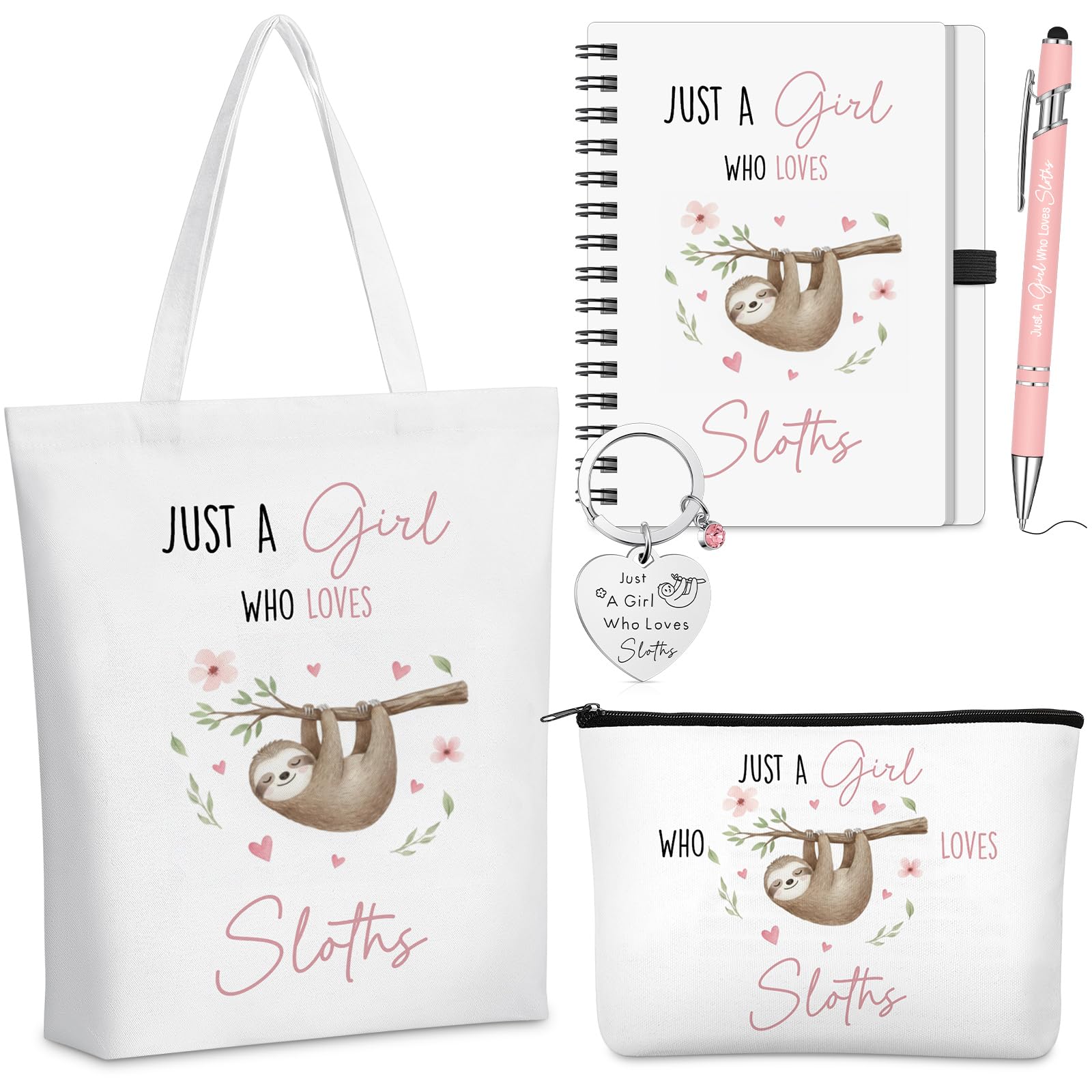 BBTO 5 Pcs Sloth Gifts for Women, Just a Girl Who Loves Sloth Cosmetic Makeup Bag, Canvas Bag, A6 Spiral Notebook Lined Journal, Writing Gel Ink Pen and Funny Keychain for Girl Animal Lovers Gift โ image 1
