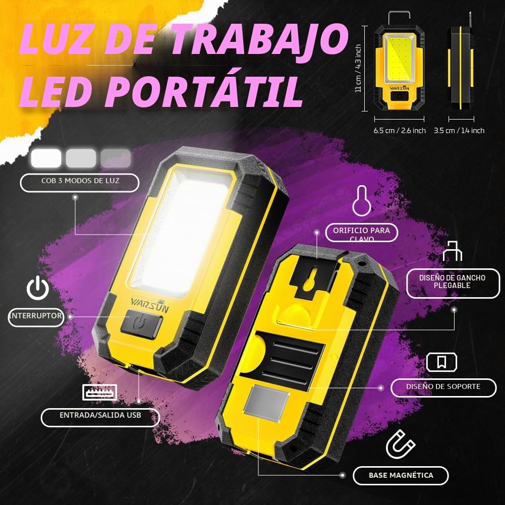 WARSUN Pack de 2 LED Linterna Taller Recargable Portátil Linterna de Trabajo con Base Magnética y Gancho 30 W 1200 lúmenes Súper Brillante para Reparación(Amarillo)