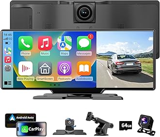 Portable Carplay Screen, 10.26" Wireless Car Stereo with Car Play and Android Auto, HD Bluetooth Touch Screen with 4K Dash Cam,Backup Camera/Mirror Link/Music/Voice Control/GPS/AUX/FM for All Vehicles