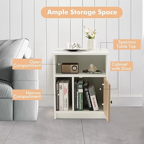 Miniatura 4 de Giantex Juego de 2 mesitas de noche blancas mesa auxiliar de 25 pulgadas de alto con 1 puerta y 2 estantes abiertos mesita de noche de madera con